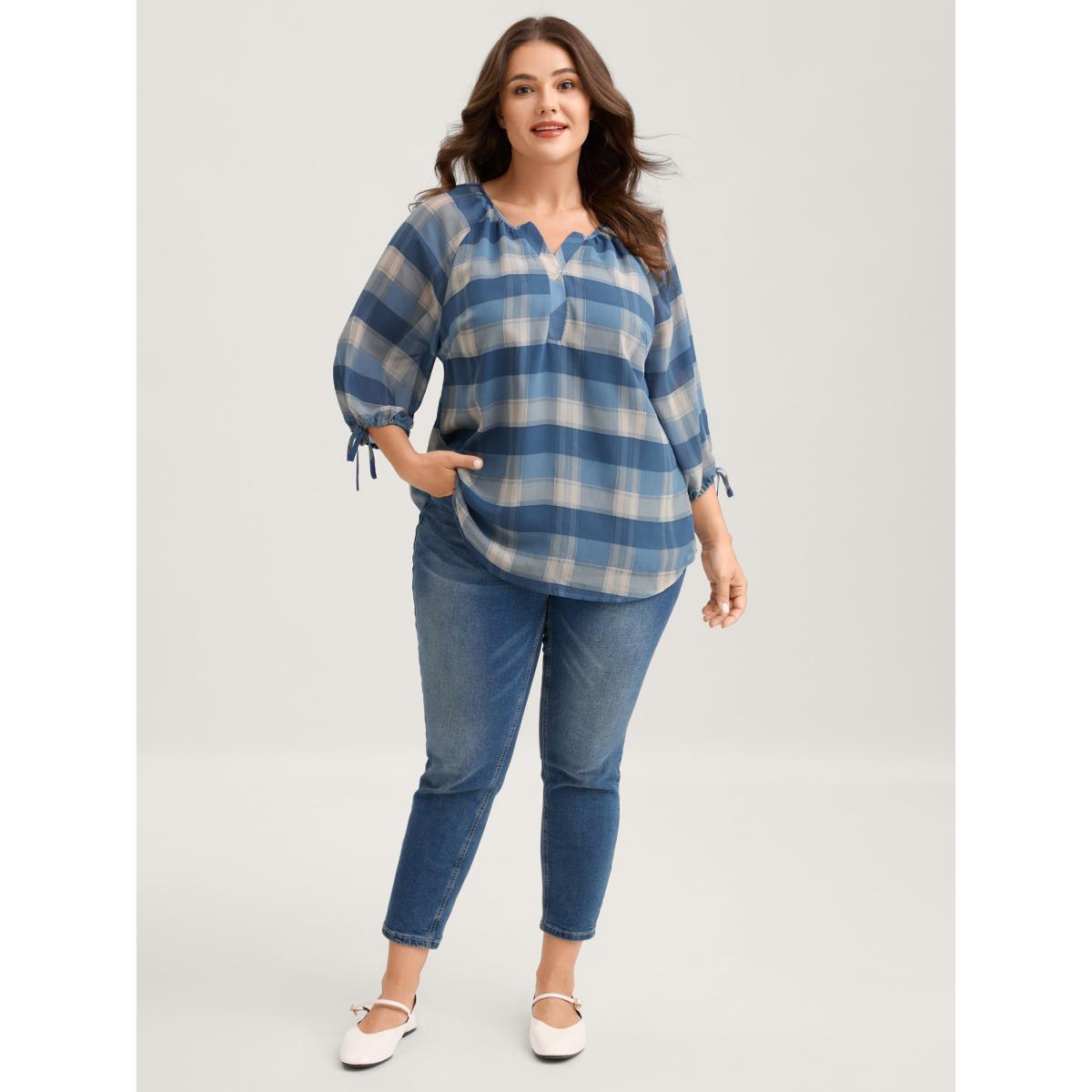 Plus Size Mediumblue Plaid Print Notched Collar Blouse Women Elbow-length sleeve Flat collar with V-notch Everyday-Casual Blouses BloomChic 28/5X Product Image