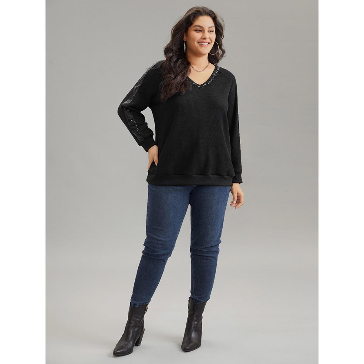 Plus Size Sequin Patchwork Raglan Sleeve Plisse Sweatshirt Women Black Casual Rib Knit V-neck Dailywear Sweatshirts BloomChic 30/6X Product Image