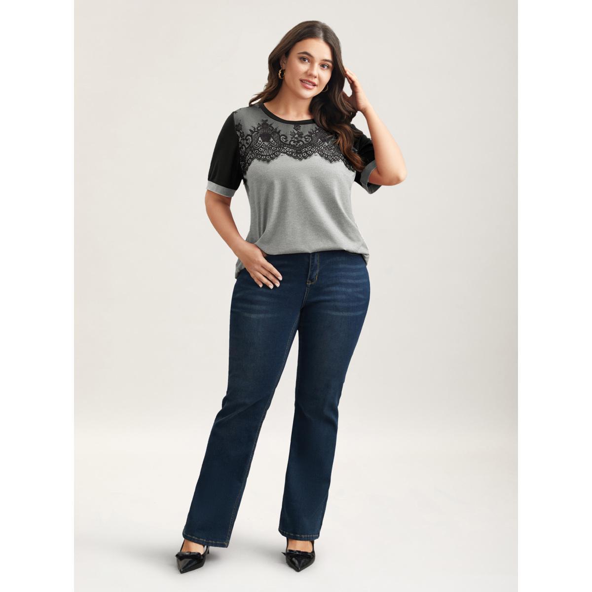 Plus Size Stretchy Scalloped Lace Color Contrast T-Shirt LightGray Women Elegant Contrast Round Neck Everyday T-shirts BloomChic 14-16/1X Product Image