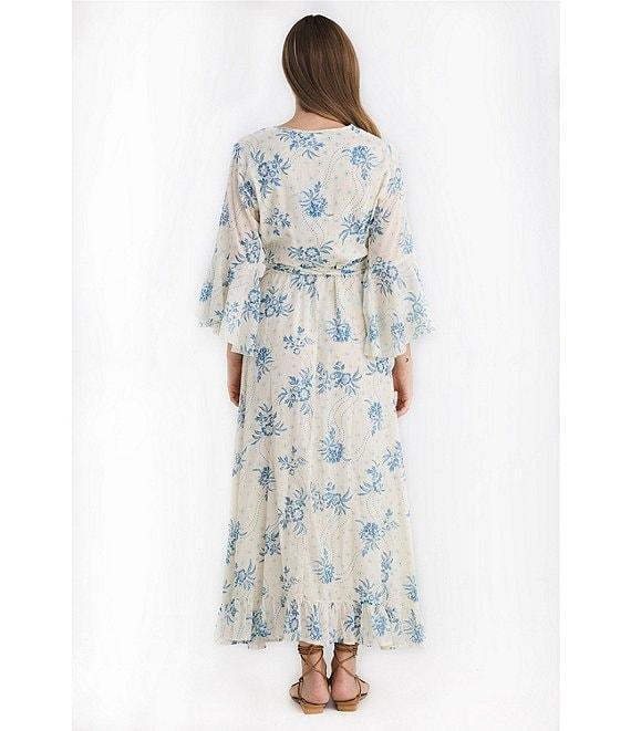 Talisman Carly Bluebell Woven Floral Print V-Neck 3/4 Bell Sleeve Wrap Dress Product Image