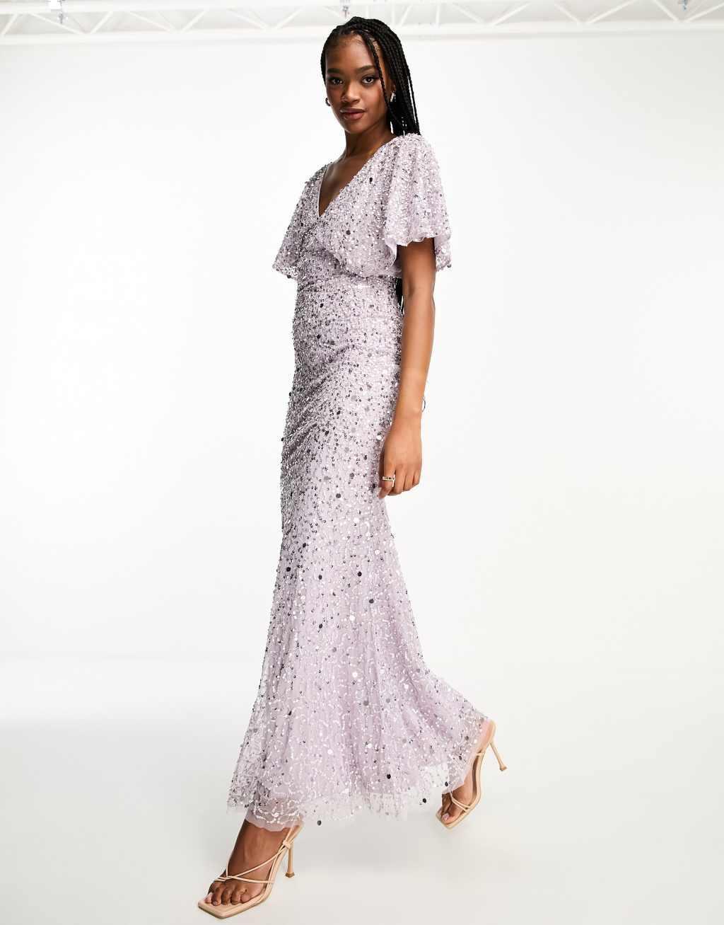 Beauut Petite Bridesmaid embellished maxi dress with flutter sleeve in champagne Product Image