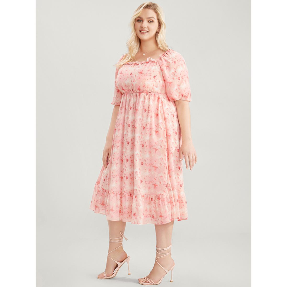 Plus Size Tie Dye Square Neck Puff Sleeve Pocket Ruffle Hem Dress Crepe Women Elegant Pocket Square Neck Short sleeve Curvy Knee Dress BloomChic 12/L Product Image