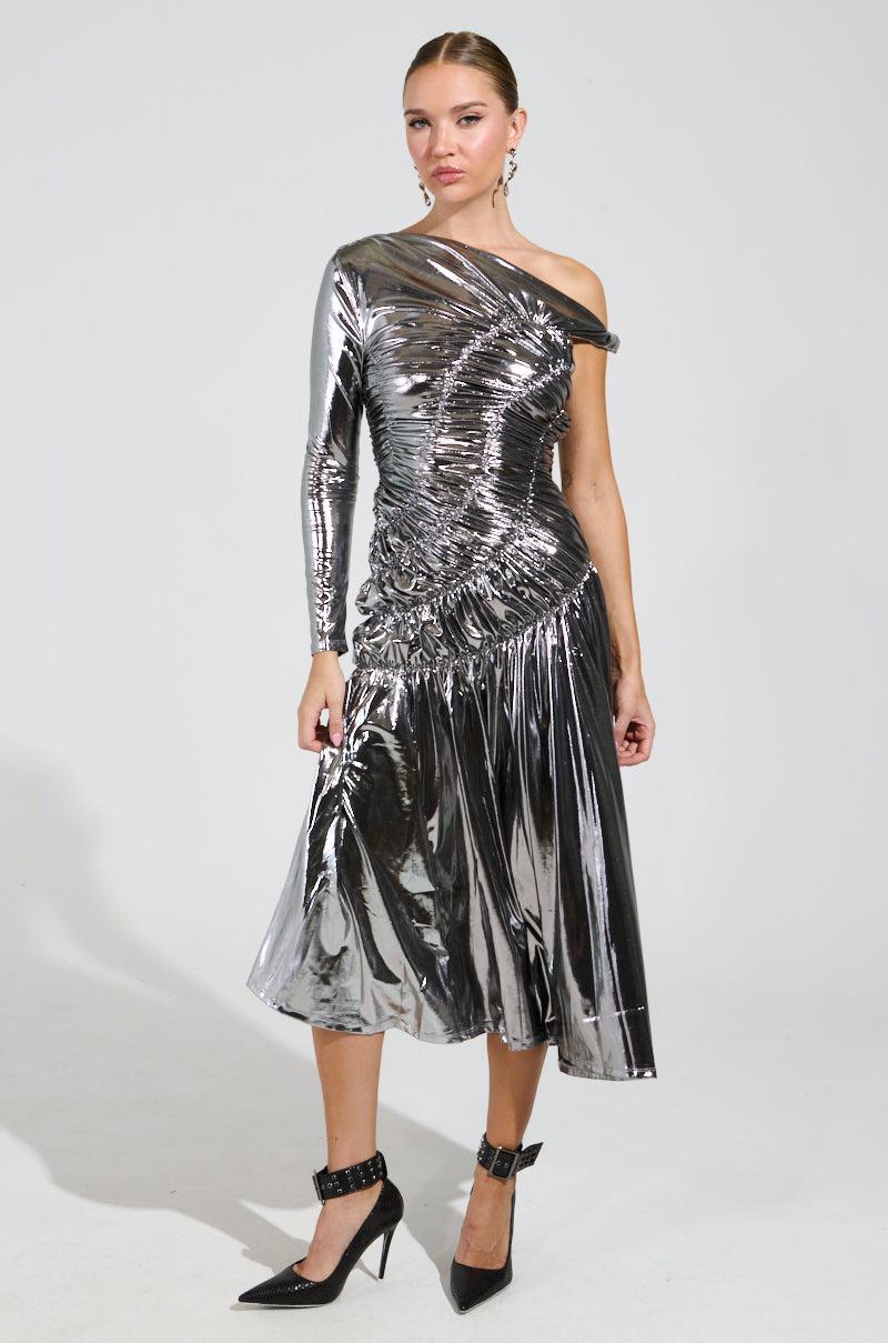 TURN BACK TIME SILVER METALLIC MIDI DRESS Product Image