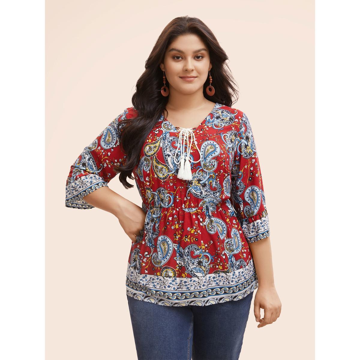 Plus Size Crimson Boho Print Tie Knot Tassels Crisscross Blouse Women Resort Elbow-length sleeve V-neck Vacation Blouses BloomChic 14-16/1X Product Image