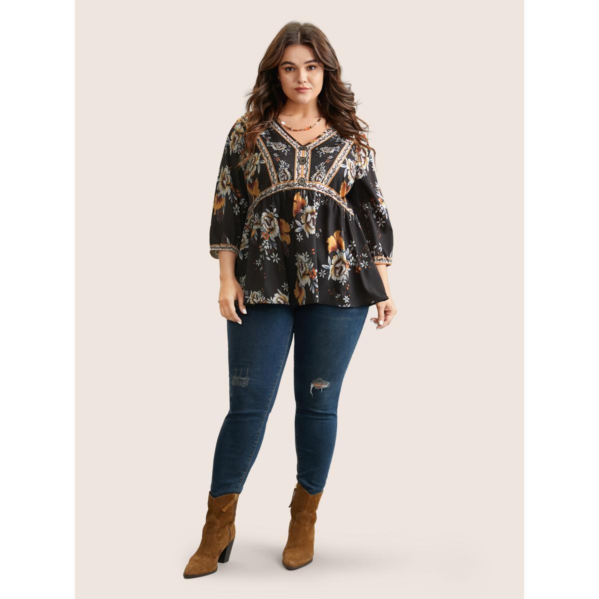 Plus Size Black Boho Print V Neck Button Detail Gathered Blouse Women Vacation Elbow-length sleeve V-neck Vacation Blouses BloomChic 28/5X Product Image