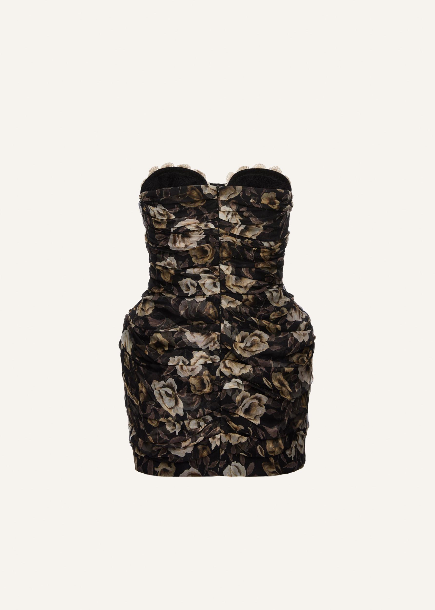 Strapless ruched silk mini dress in black print Product Image