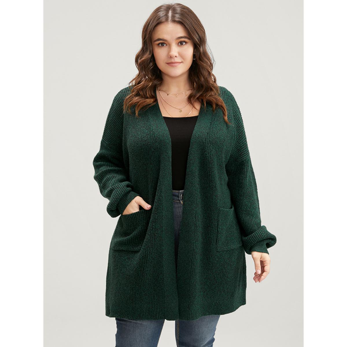 Plus Size Soft Pointelle Knit Pocket Belted Open Front Cardigan Cyan Women Casual Loose Long Sleeve Dailywear Cardigans BloomChic 10/M Product Image