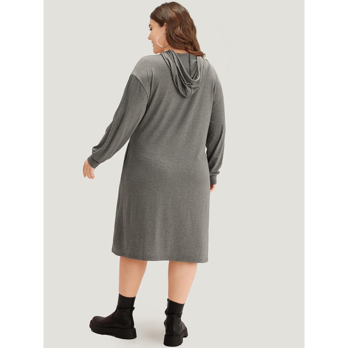 Plus Size Star Sequin Drawstring Pocket Hooded Dress DimGray Women Casual Plain Hooded Long Sleeve Curvy Midi Dress BloomChic 14-16/1X Product Image