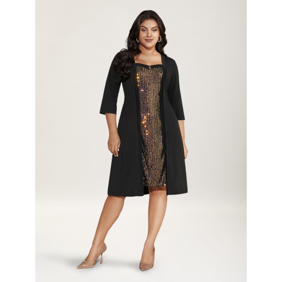 Plus Size Heart Neckline Patchwork Sequin Button Detail Dress Black Women Cocktail Texture Party Curvy Bloomchic 28/5X Product Image