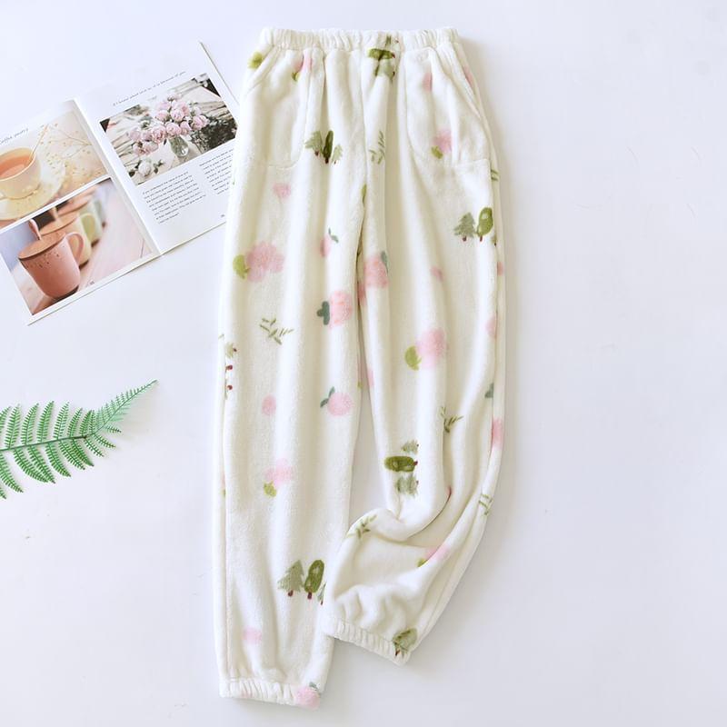 Elastic Waist Patterned Print Coral Fleece Straight Leg Pajama Pants Product Image