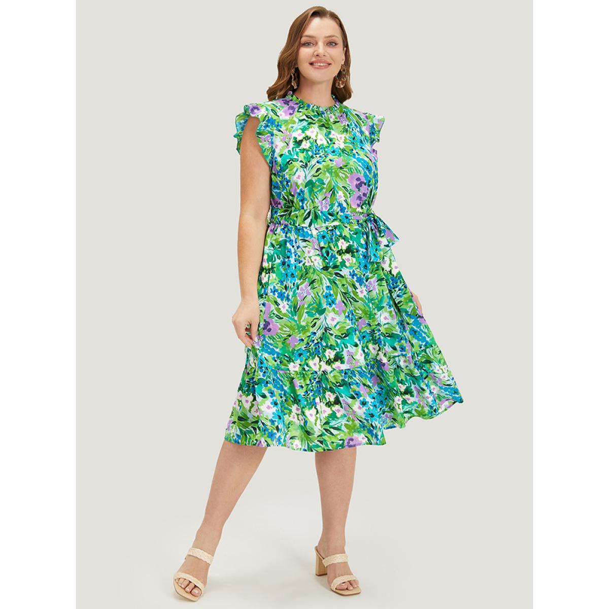 Plus Size Pixel Flower Ruffle Trim Pocket Belt Mock Neck Knee Dress Stone Women Elegant Gathered Mock Neck Cap Sleeve Curvy Midi Dress BloomChic 30/6X Product Image