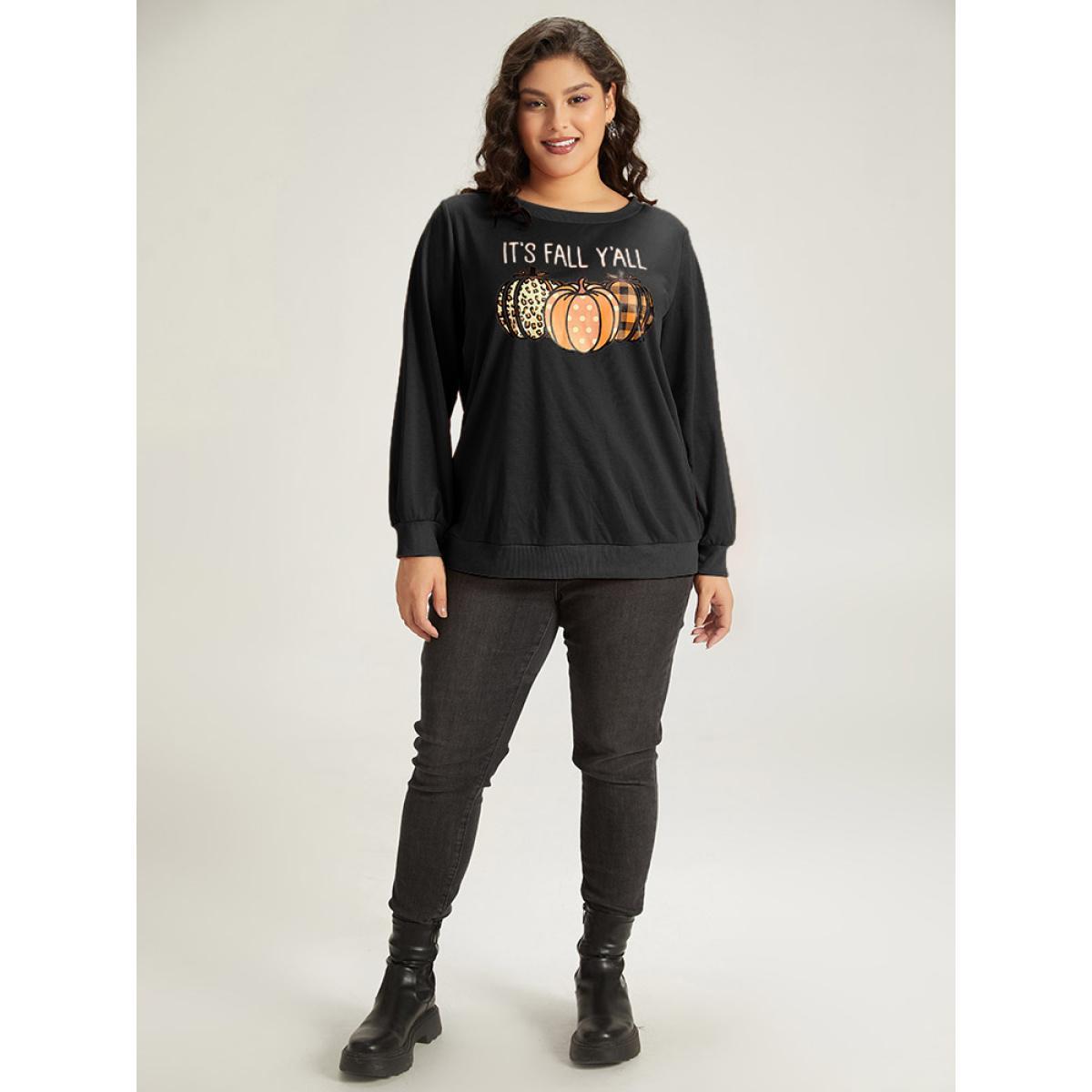 Plus Size Halloween Pumpkin Crew Neck Elastic Cuffs Sweatshirt Women Black Casual Elastic cuffs Festival-Halloween Sweatshirts BloomChic 30/6X Product Image
