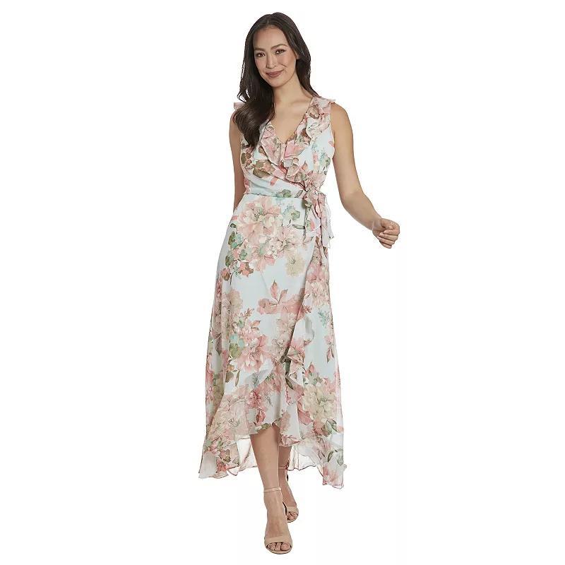 Women's London Times Ruffled Chiffon Maxi Dress, Size: 6, Aqua Pink Product Image