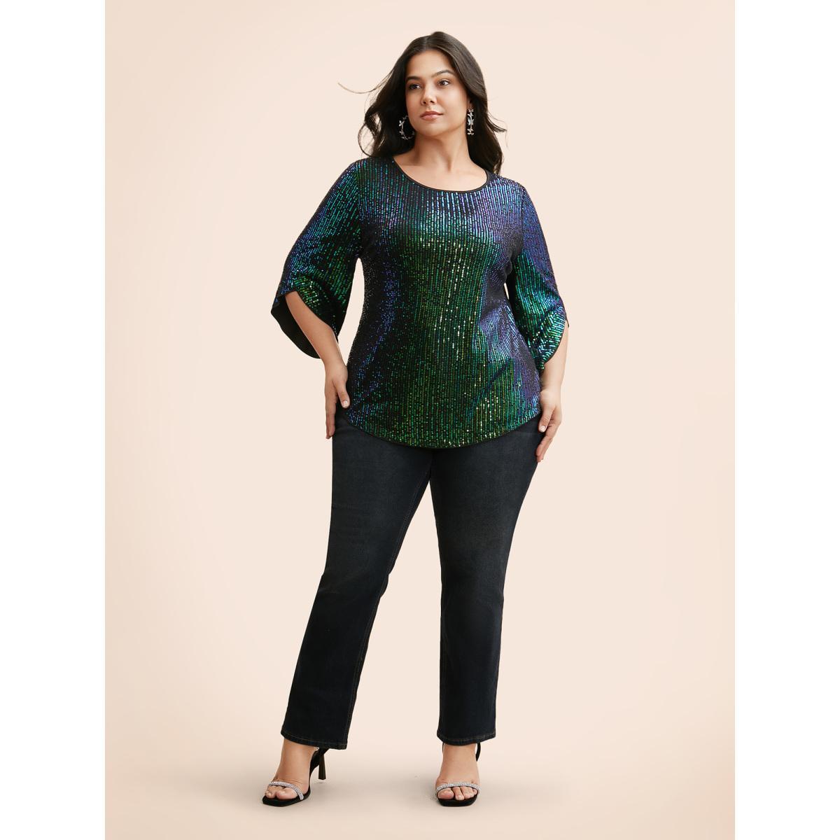 Plus Size DarkGreen Round Neck Sequin Bell Sleeve Blouse Women Cocktail Elbow-length sleeve Round Neck Party Blouses BloomChic 12/L Product Image