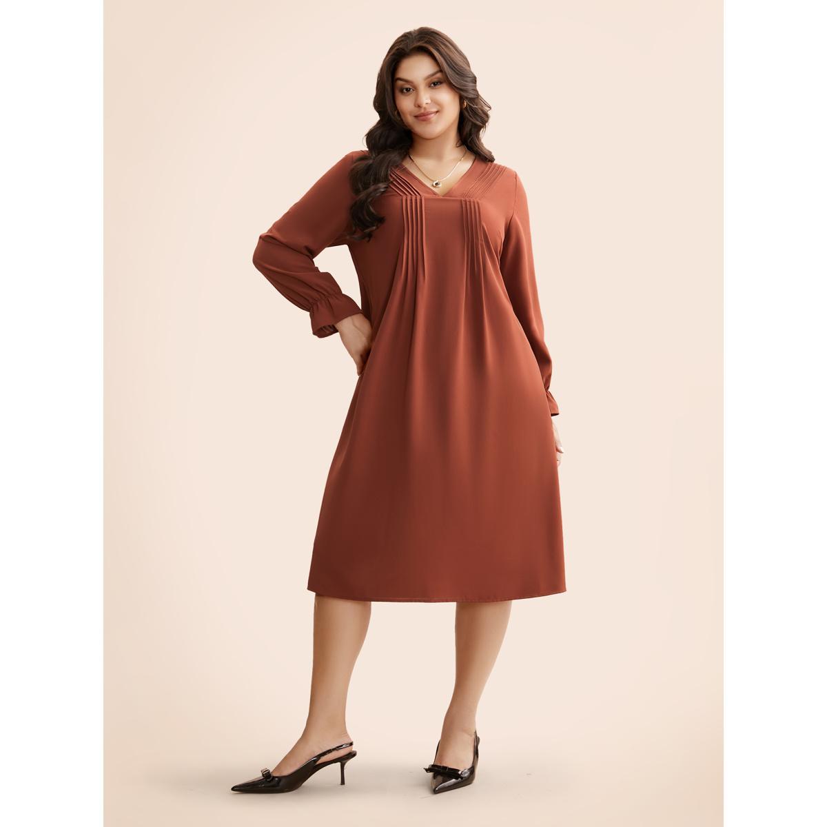 Plus Size V Neck Pleated Lantern Sleeve Dress Rust Women At the Office Tucked seam V-neck Long Sleeve Curvy BloomChic 10/M Product Image