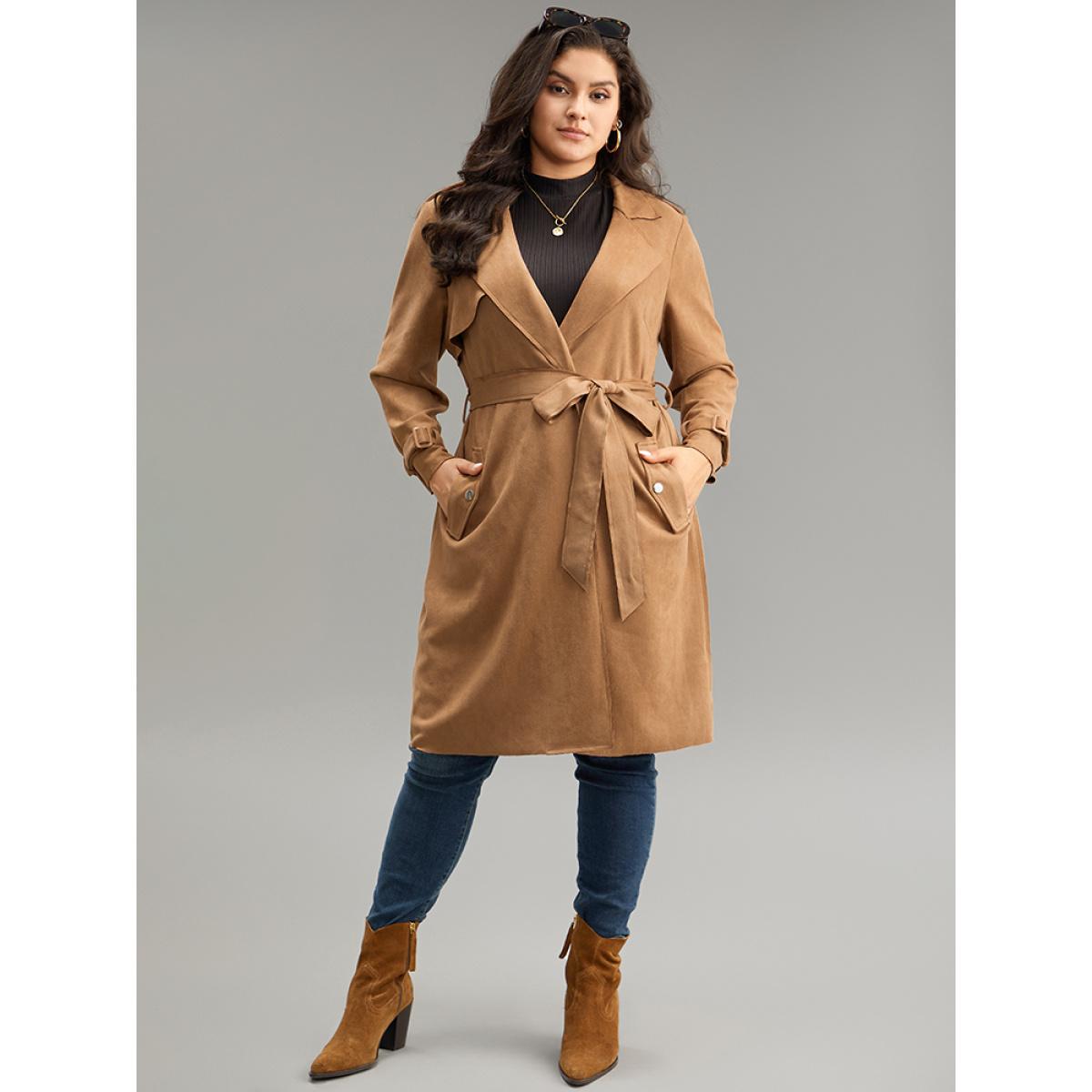 Plus Size Solid Button Detail Knot Belted Coat Women Chocolate Work From Home Plain Ladies Work Winter Coats BloomChic 10/M Product Image