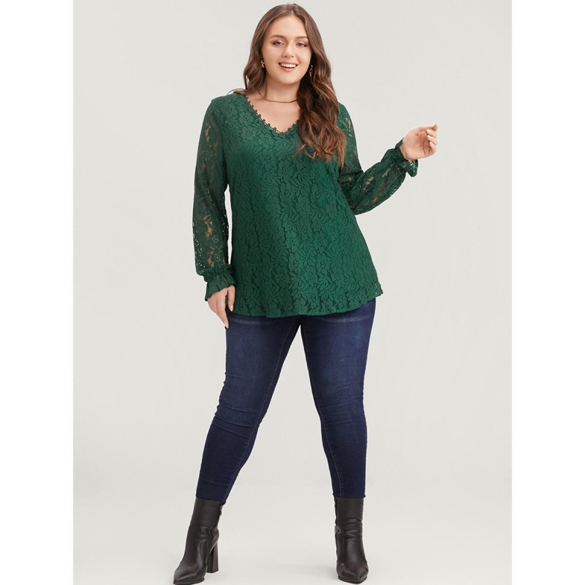 Plus Size Green Solid Crochet Lace V Neck Blouse Women Glamour Long Sleeve V-neck Going out Blouses BloomChic 18-20/2X Product Image