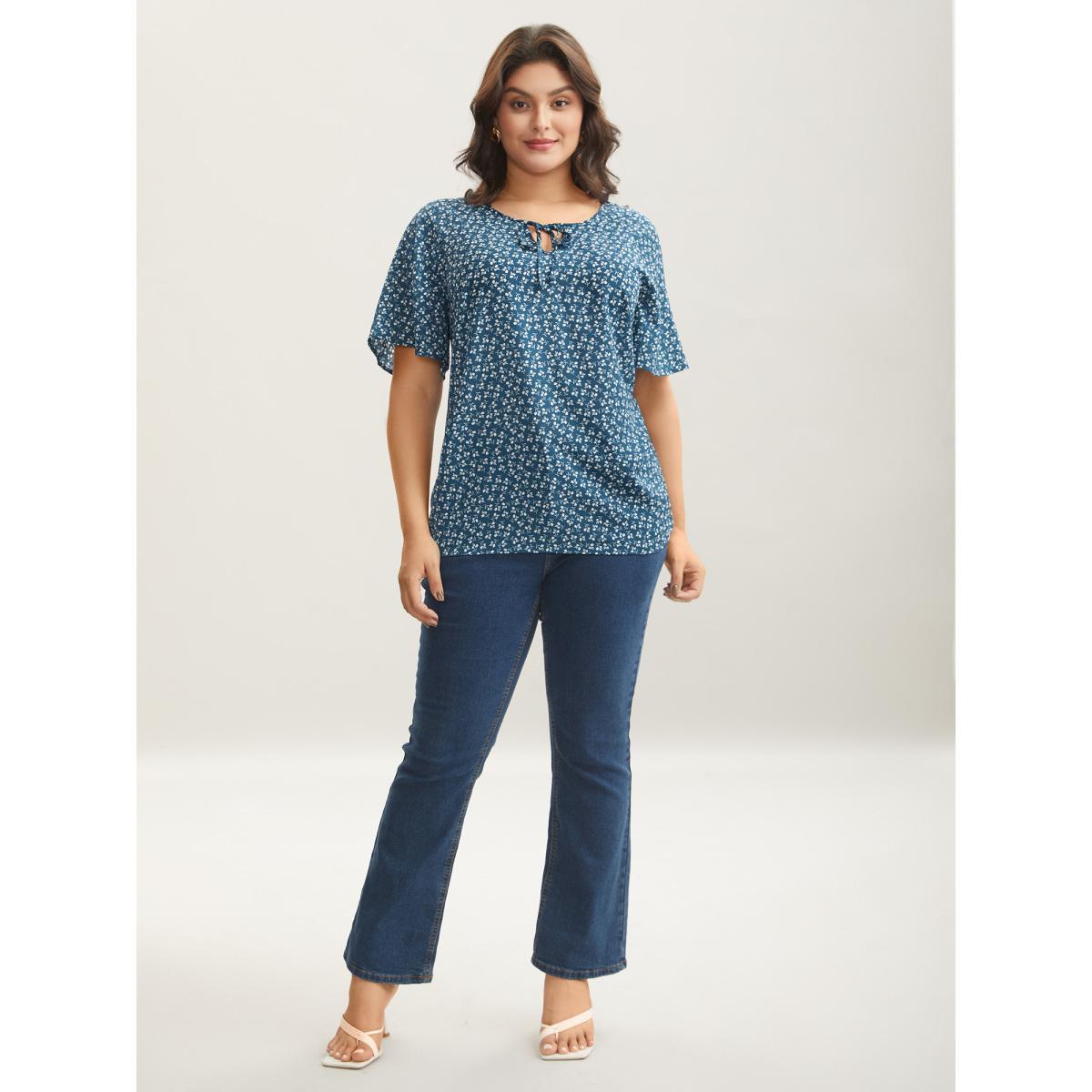 Plus Size Aegean Ditsy Floral Print Half Sleeve Shirt Women Elegant Short sleeve Ribbon-tied collar Everyday Blouses BloomChic 30/6X Product Image