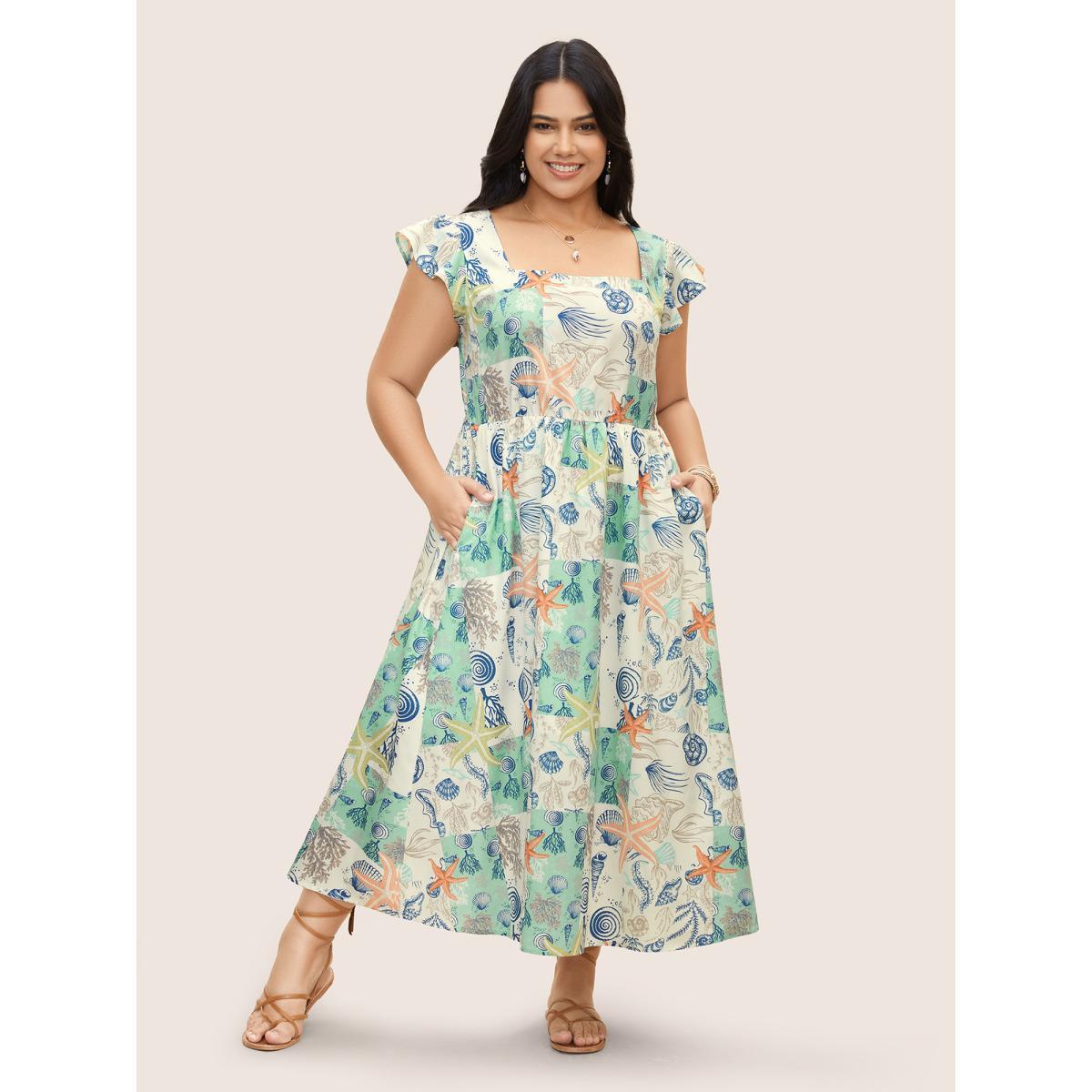 Plus Size Marine Elements Cap Sleeve Elastic Waist Dress Originalwhite Women Resort Ruffles Square Neck Cap Sleeve Curvy BloomChic 18-20/2X Product Image