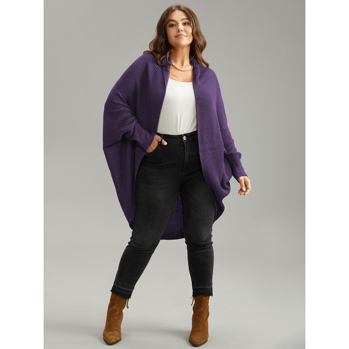 Plus Size Solid Dolman Sleeve Arc Hem Cardigan Eggplant Women Casual Loose Long Sleeve Dailywear Cardigans BloomChic 12/L Product Image