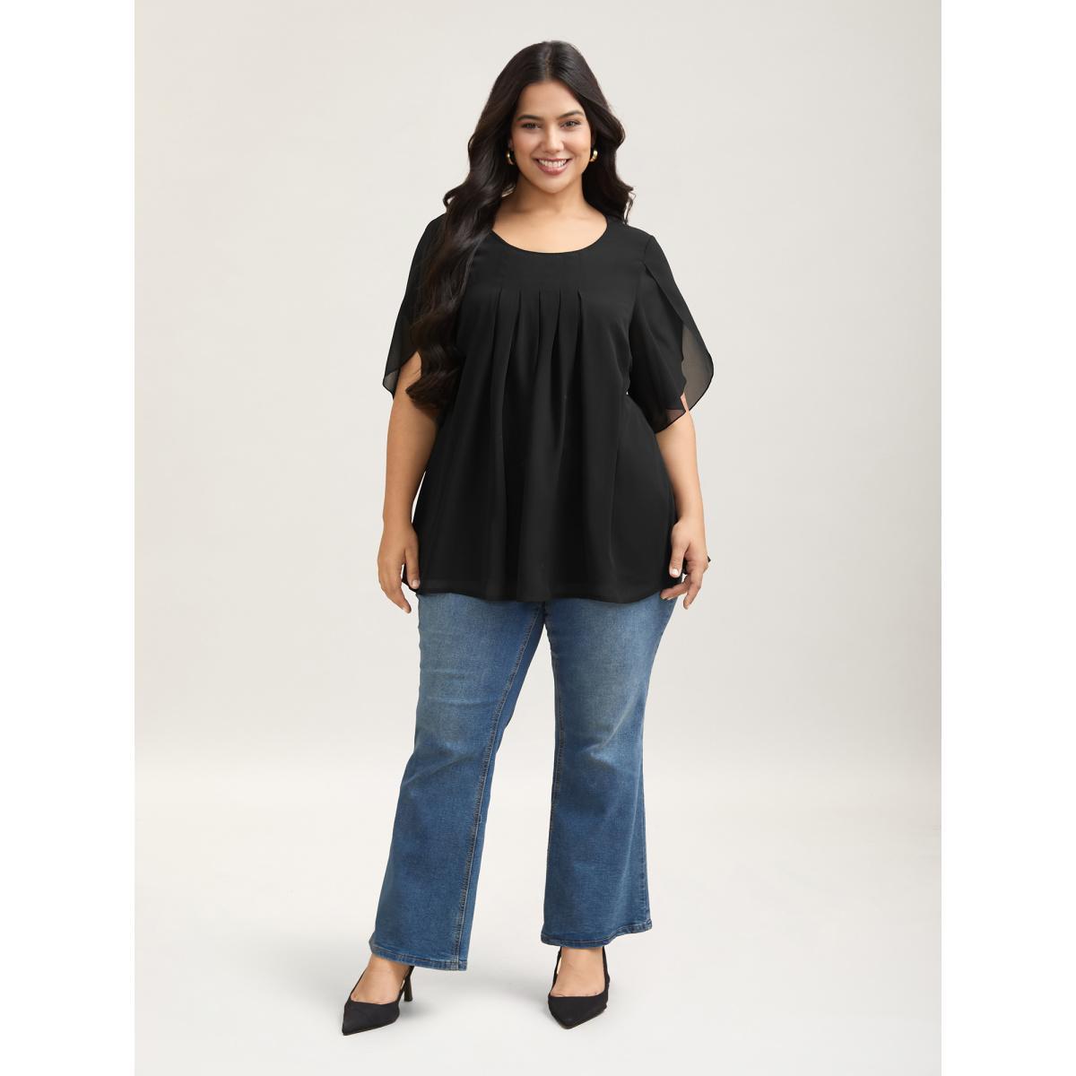 Plus Size Black Petal Sleeve Pleated Sheer Shirt Women Elegant Elbow-length sleeve Round Neck Everyday Blouses BloomChic 28/5X Product Image