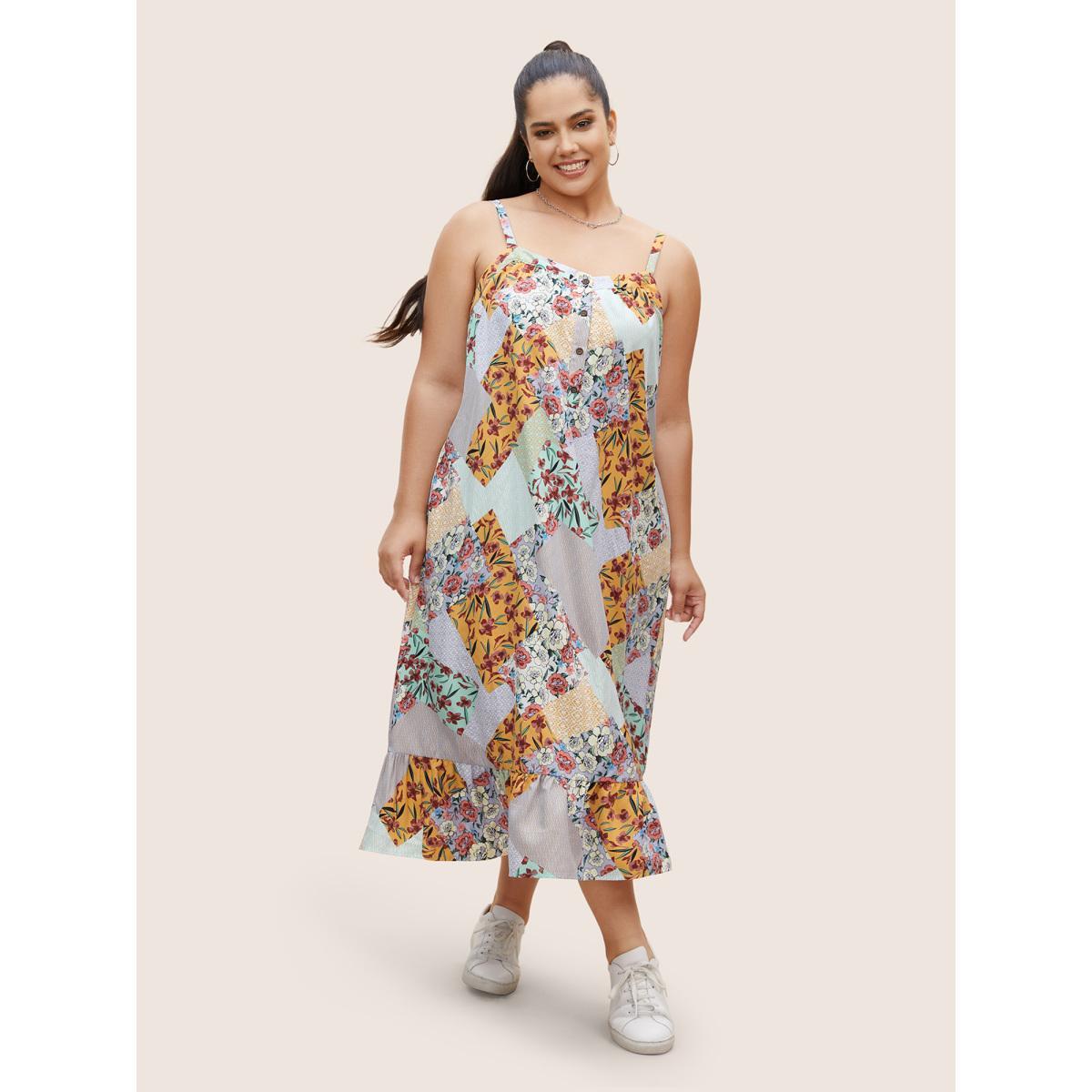 Plus Size Floral Colorblock Contrast Button Detail Cami Dress Multicolor Women Casual Non Sleeveless Curvy BloomChic 26/4X Product Image