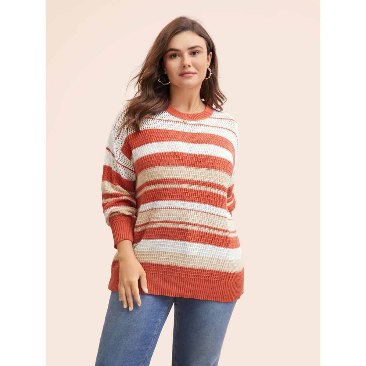 Plus Size Striped Contrast Cut Out Drop Shoulder Pullover Rust Women Casual Long Sleeve Round Neck Everyday Pullovers BloomChic 22-24/3X Product Image