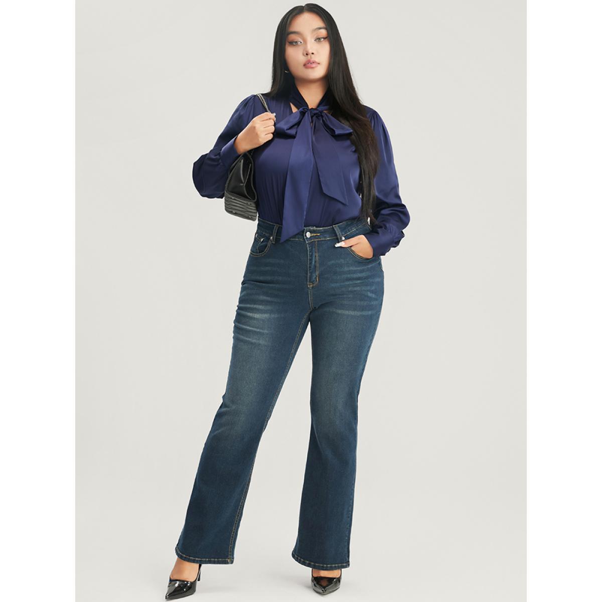 Plus Size Indigo Solid Knotted V Neck Satin Blouse Women Office Long Sleeve Tie Neck Work Blouses BloomChic 30/6X Product Image
