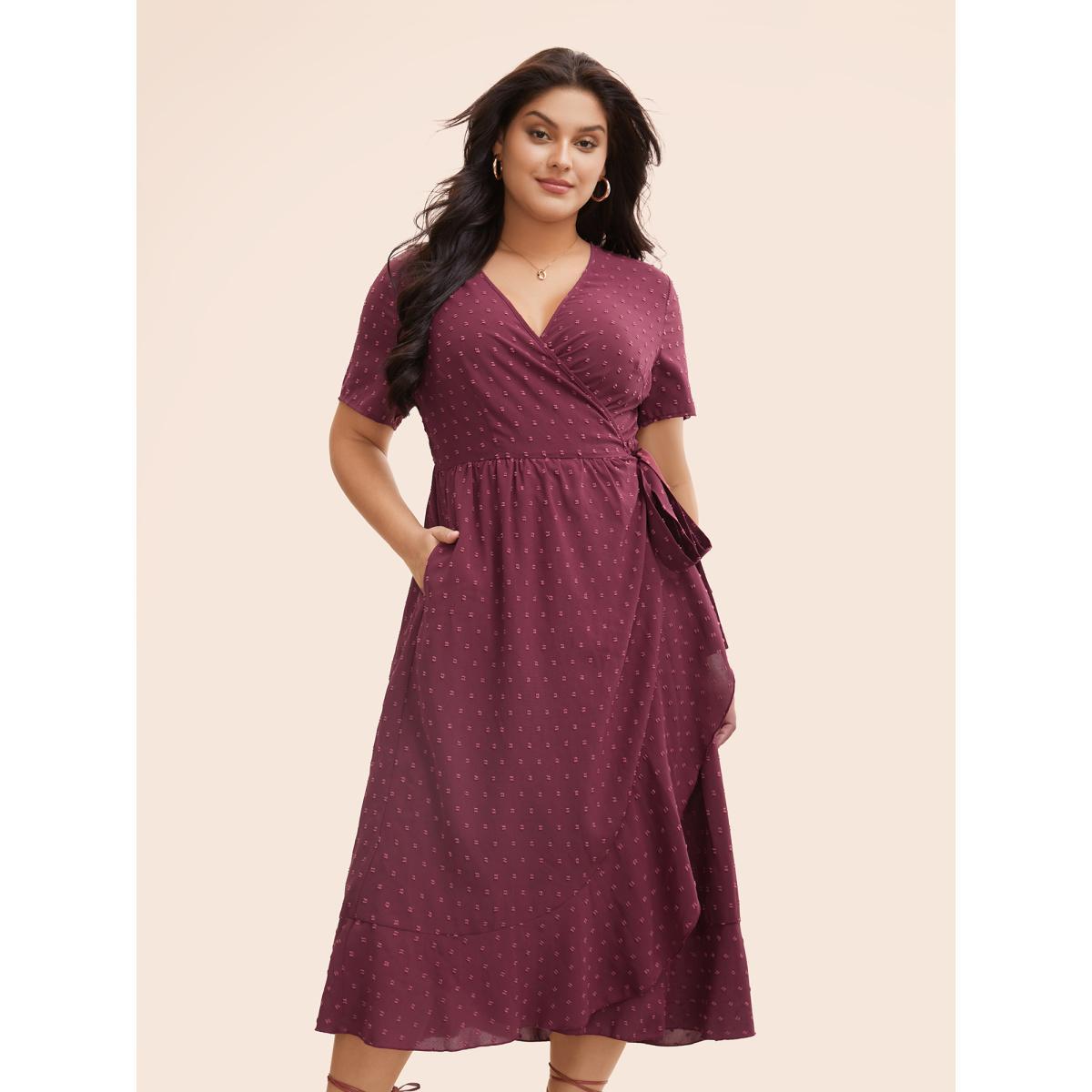 Plus Size Plain Overlap Collar Ruffle Trim Tie Knot Dress Burgundy Women Elegant Tie knot Overlap Collar Short sleeve Curvy BloomChic 22-24/3X Product Image