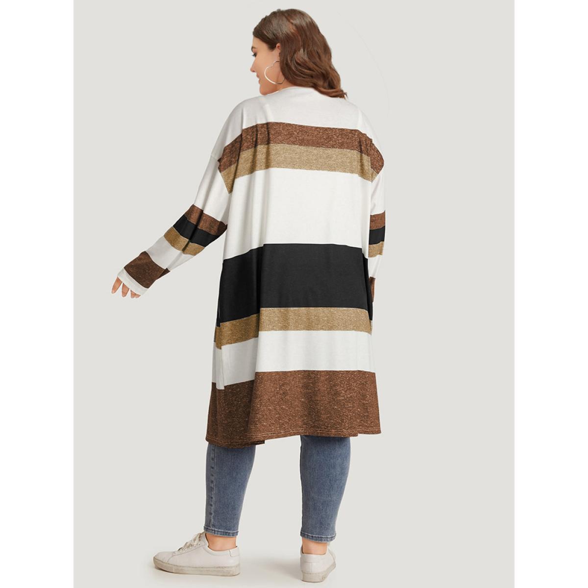 Plus Size Striped Contrast Pocket Open Front Kimono Women DarkBrown Casual Contrast Loose Pocket Everyday Kimonos BloomChic 14-16/1X Product Image