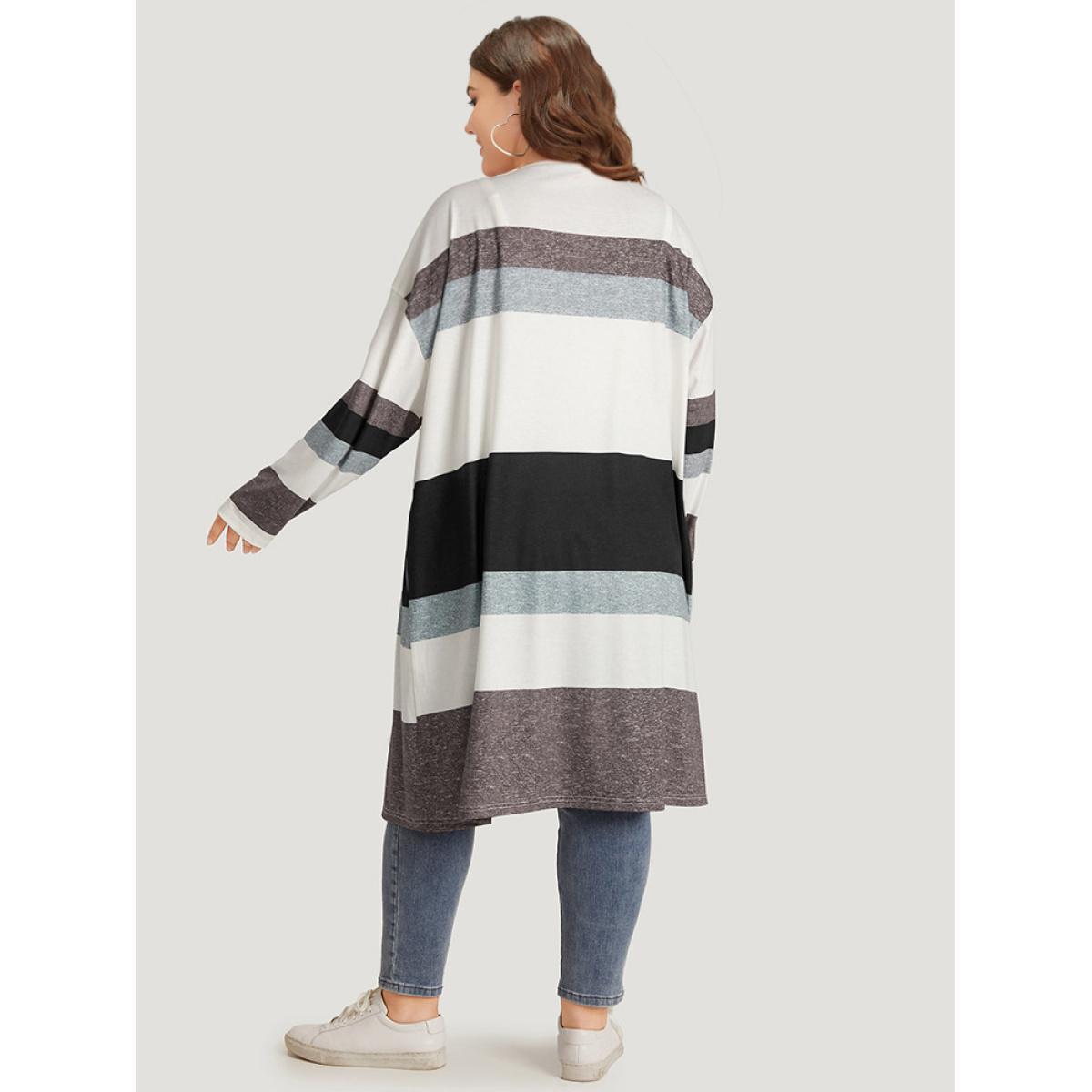 Plus Size Striped Contrast Pocket Open Front Kimono Women Multicolor Casual Contrast Loose Pocket Everyday Kimonos BloomChic 28/5X Product Image
