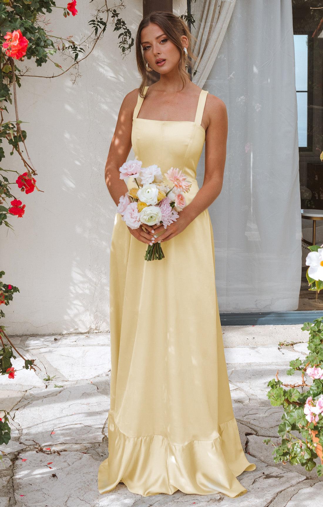Clarissa Corset Dress ~ Pale Yellow Luxe Satin Product Image