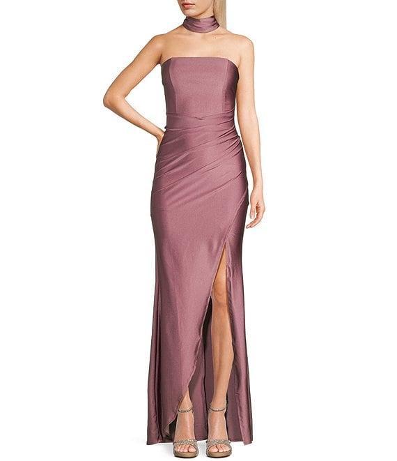Honey and Rosie Pleated Strapless Side Slit Gown Product Image