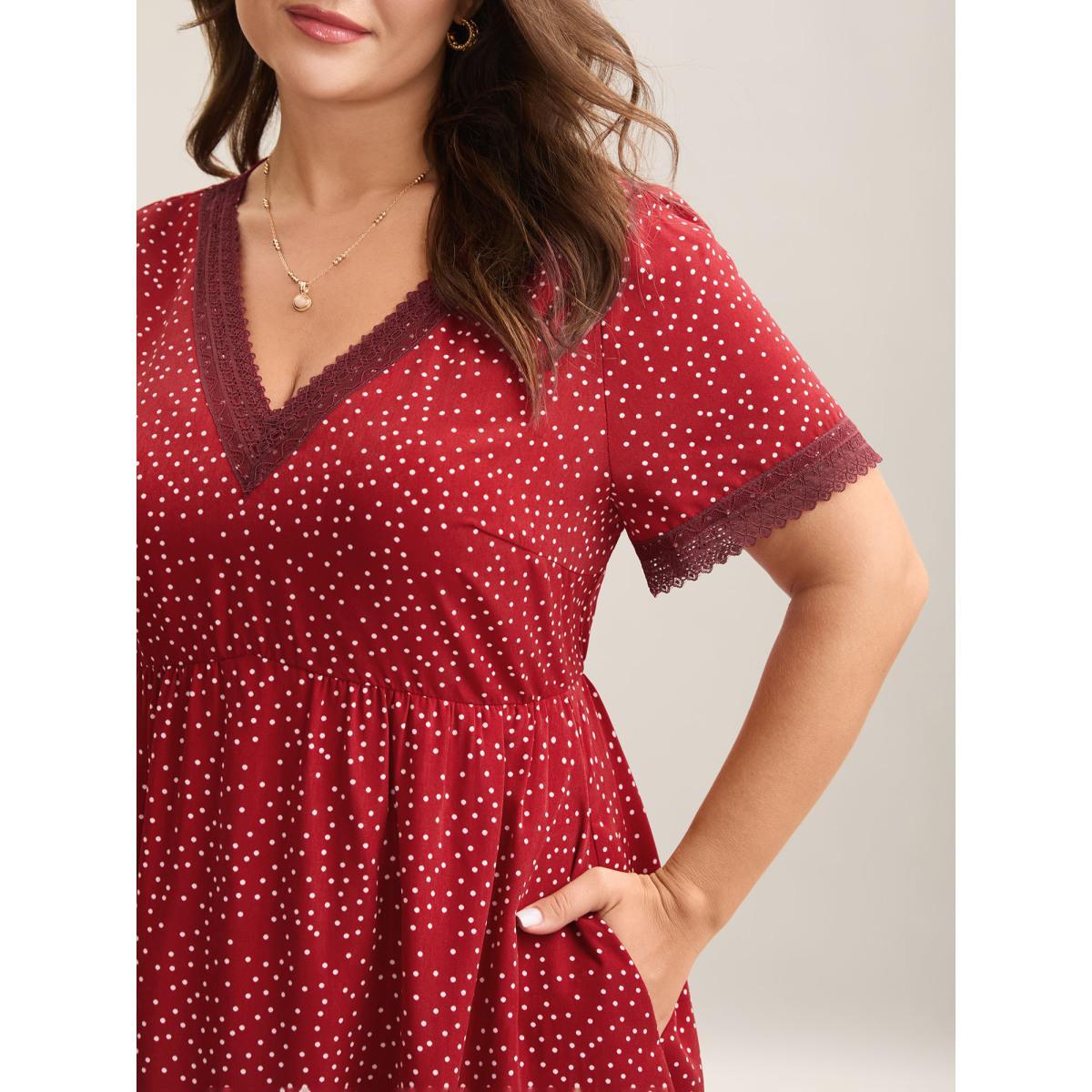 Plus Size Polka Dots Lace Waist-Cinched Midi Dress Scarlet Women V-neck Short sleeve Curvy BloomChic 14-16/1X Product Image