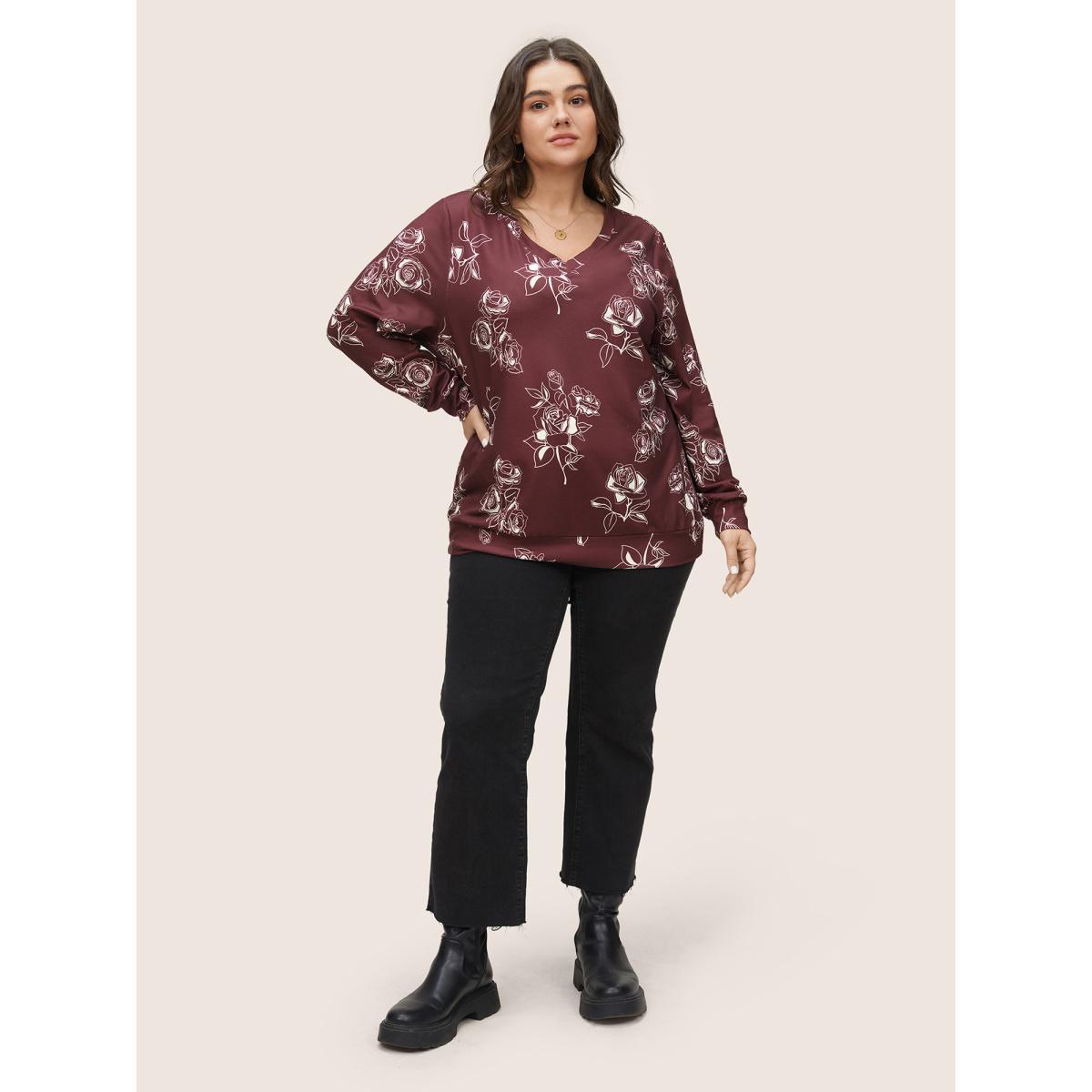 Plus Size Silhouette Floral Rose Print V Neck Sweatshirt Women Burgundy Casual Non V-neck Everyday Sweatshirts BloomChic 18-20/2X Product Image