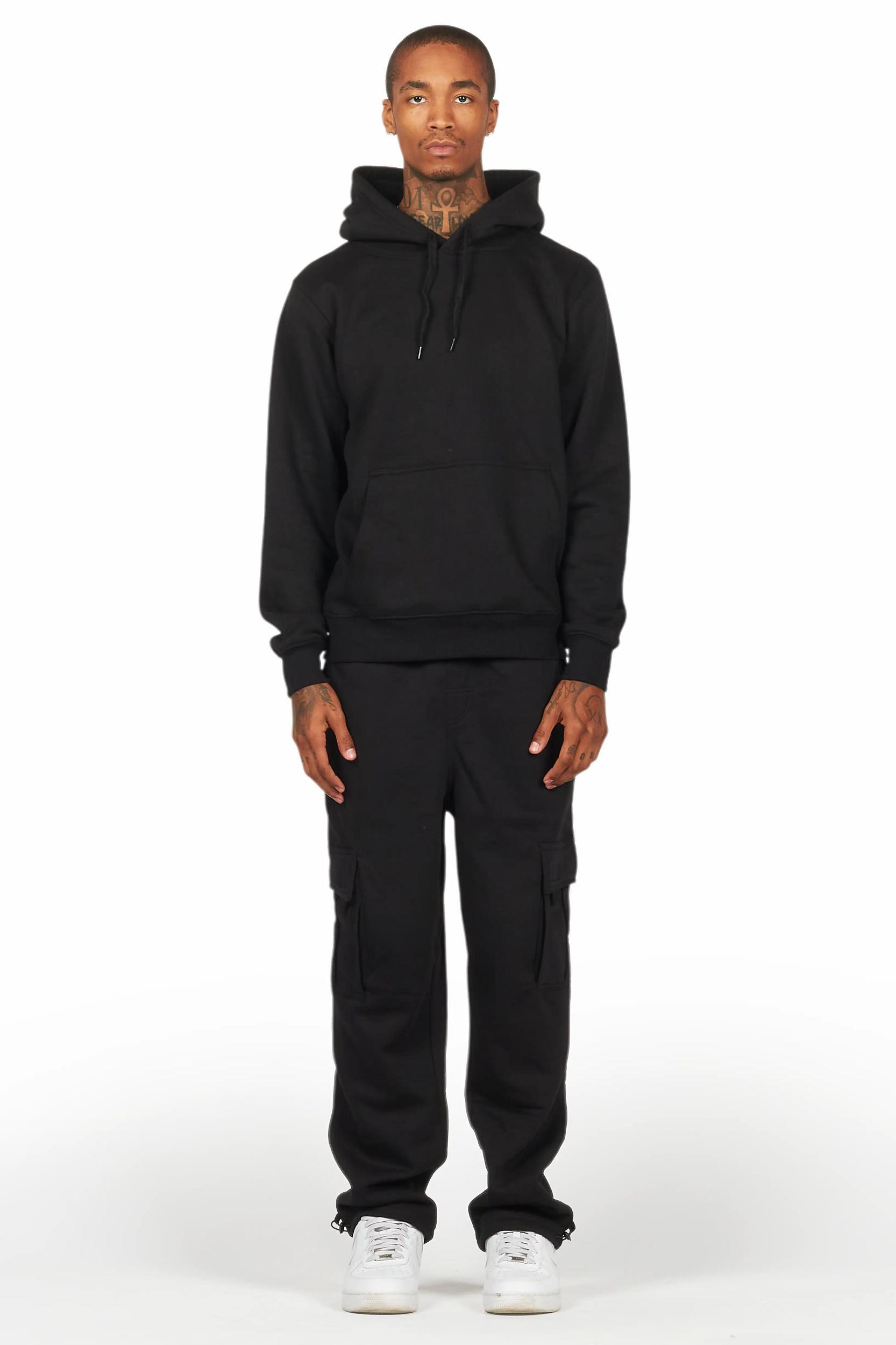 Basic Black Hoodie/Cargo Sweat Pant Set Male Product Image