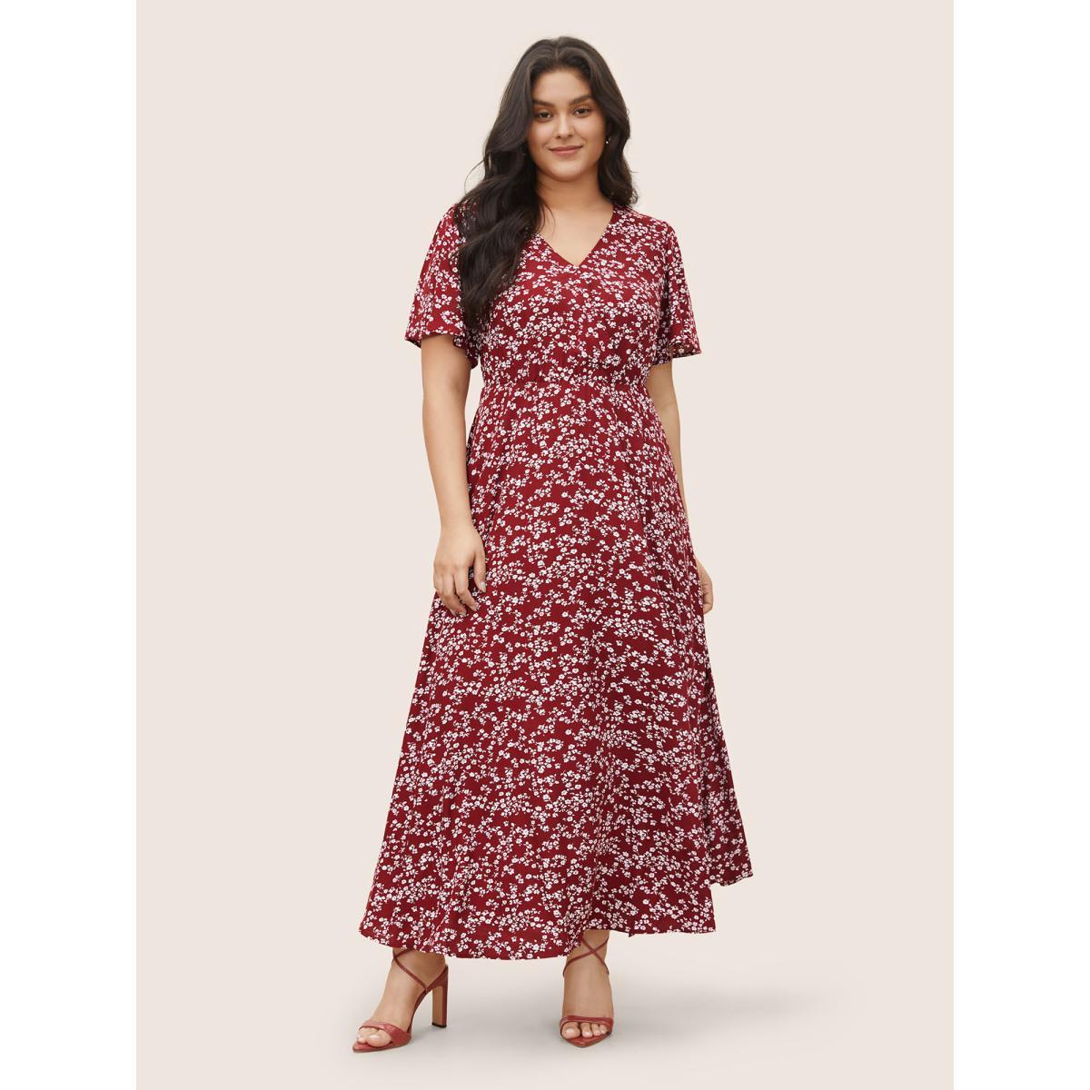 Ditsy Floral Printed Vintage Plus Size Women Vacation Long Dress Ruffle Sleeve Half Sleeve V Neck Pocket Elegance Dresses BloomChic Product Image