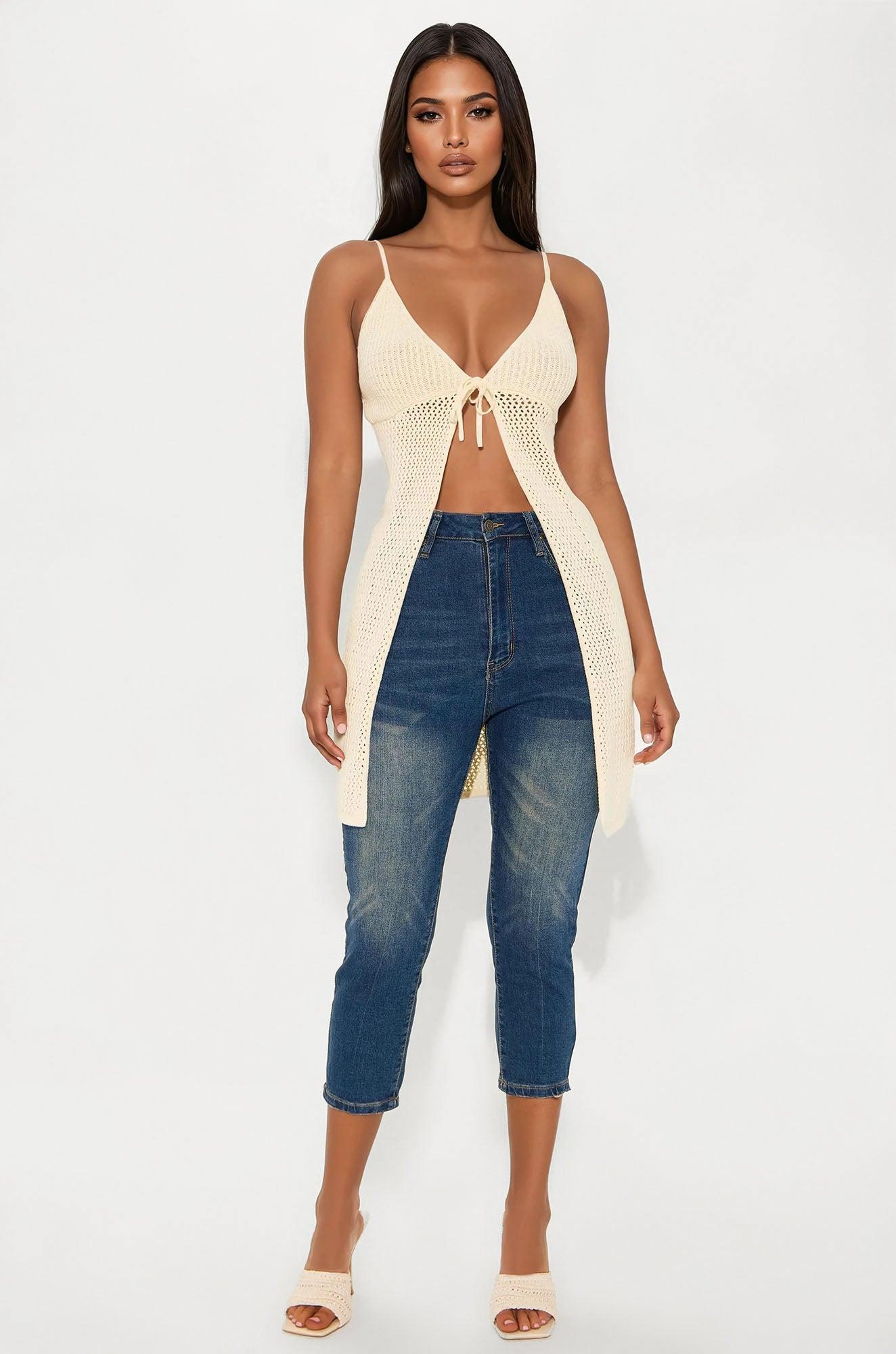 Kaline Crochet Tie Front Top - Cream Product Image