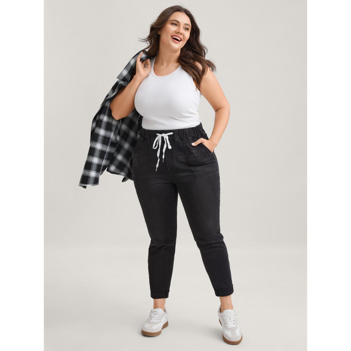 Plus Size Drawstring Elastic Waist Roll Hem Jeans Women Black Casual Plain Drawstring High stretch Slanted pocket Jeans BloomChic 20/2X Product Image