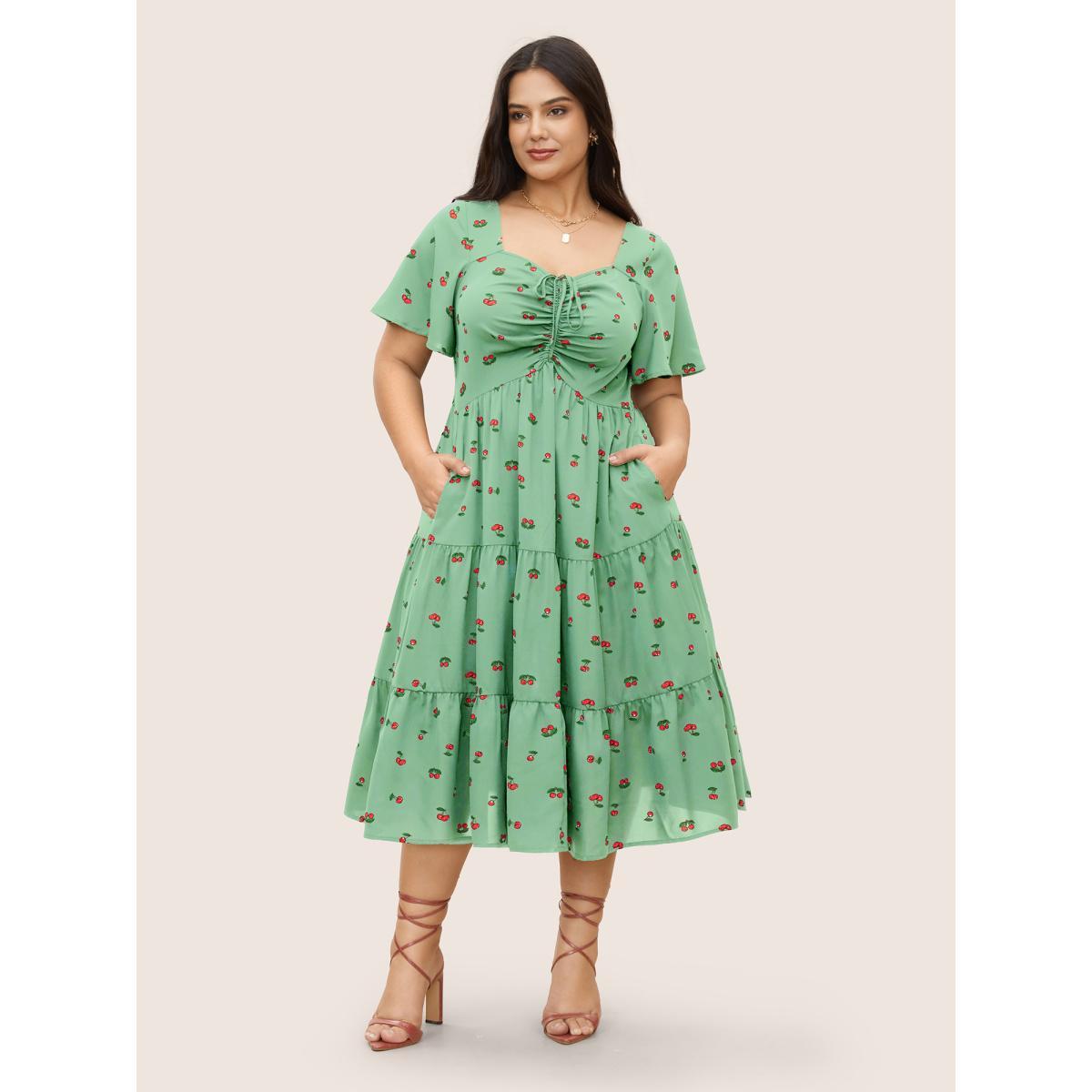 Plus Size Citrus Fruit Print Heart Neckline Drawstring Pleated Dress Palemauve Women Elegant Pleated Heart neckline Short sleeve Curvy Midi Dress BloomChic 28/5X Product Image