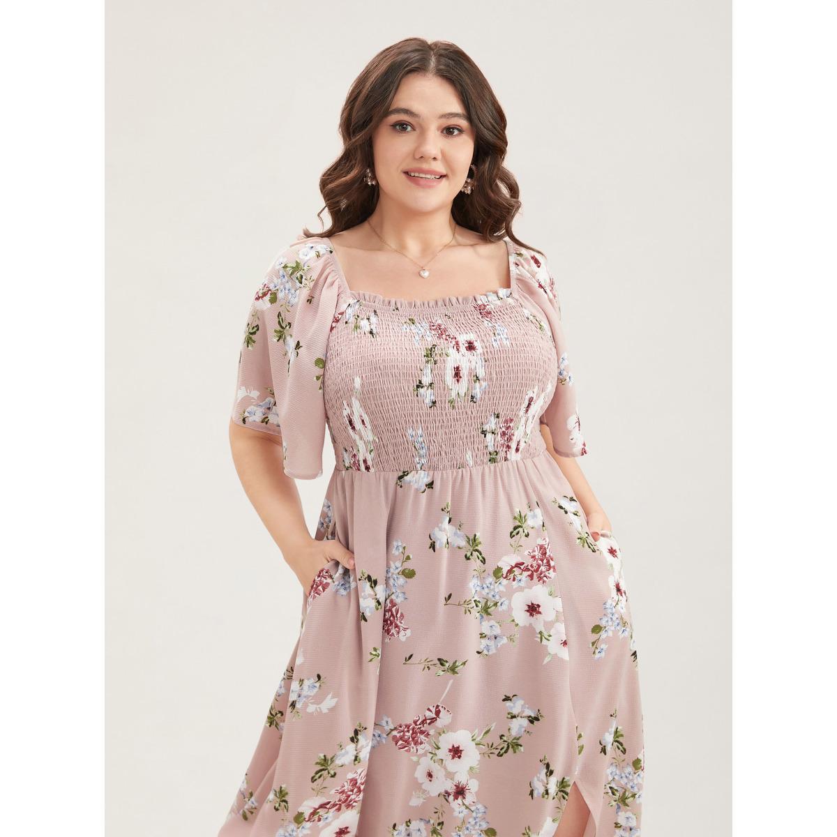 Plus Size Floral Square Neck Ruffles Pocket Shirred Split Dress DustyPink Women Elegant Non Square Neck Short sleeve Curvy BloomChic 18-20/2X Product Image
