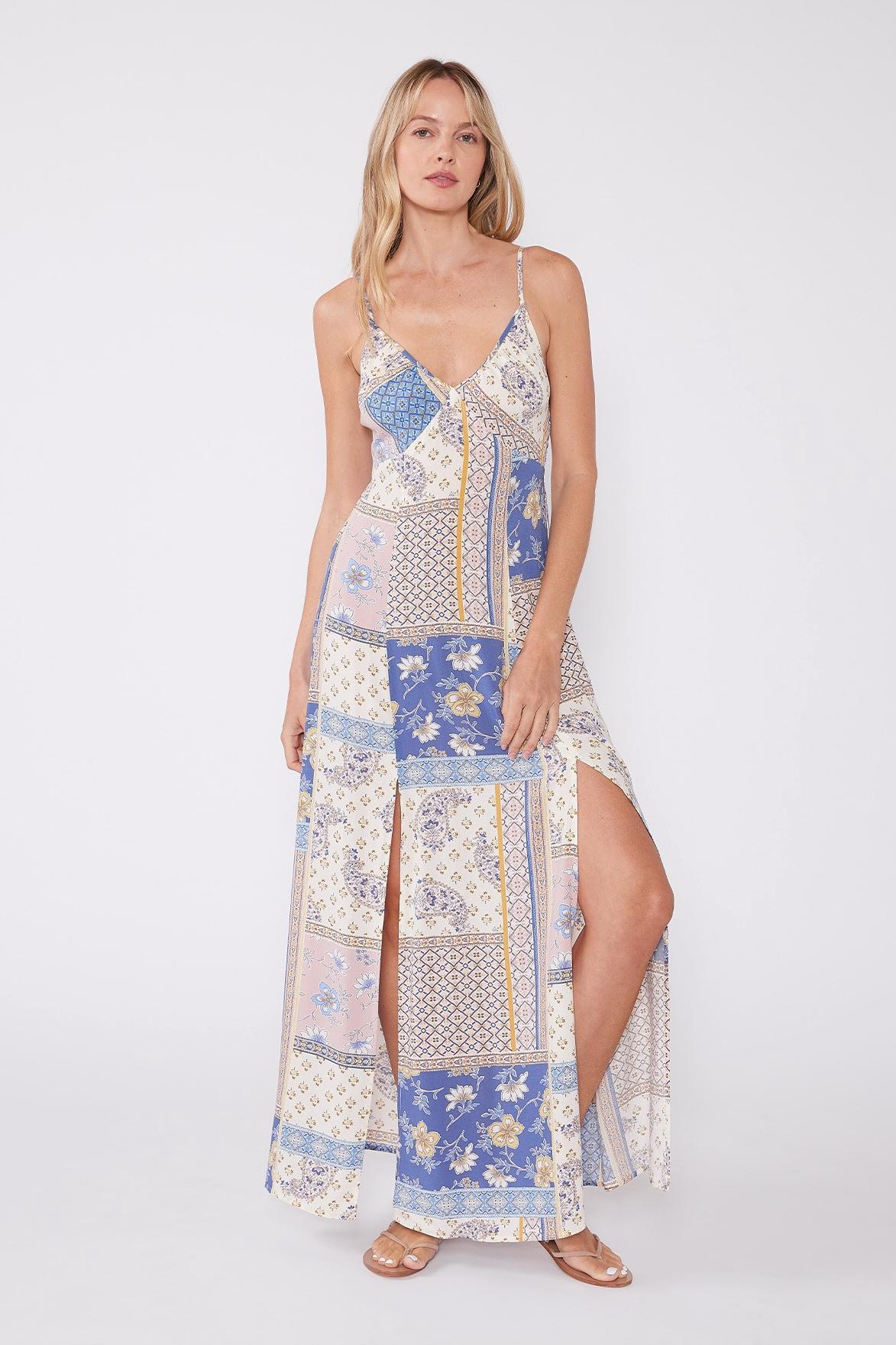 Floral Patchwork Spaghetti Strap Maxi Dress Product Image