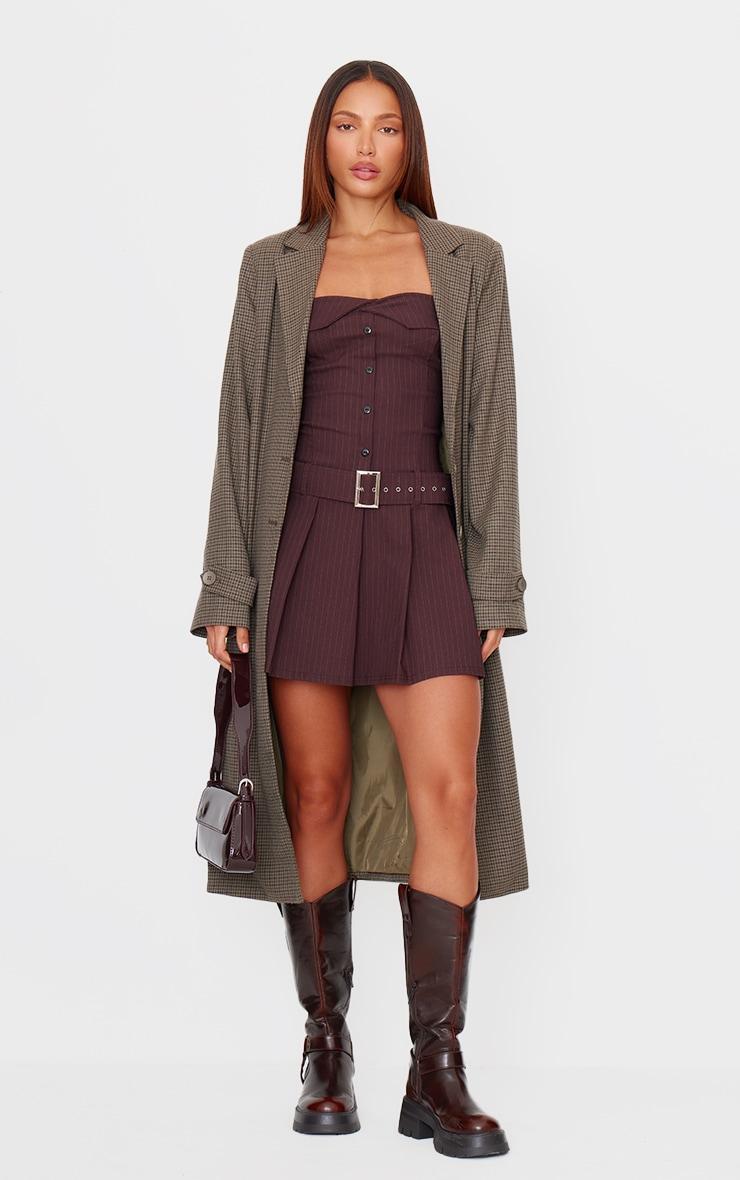 Chocolate Pinstripe Tailored Bandeau Belt Pleated Shift Dress Product Image