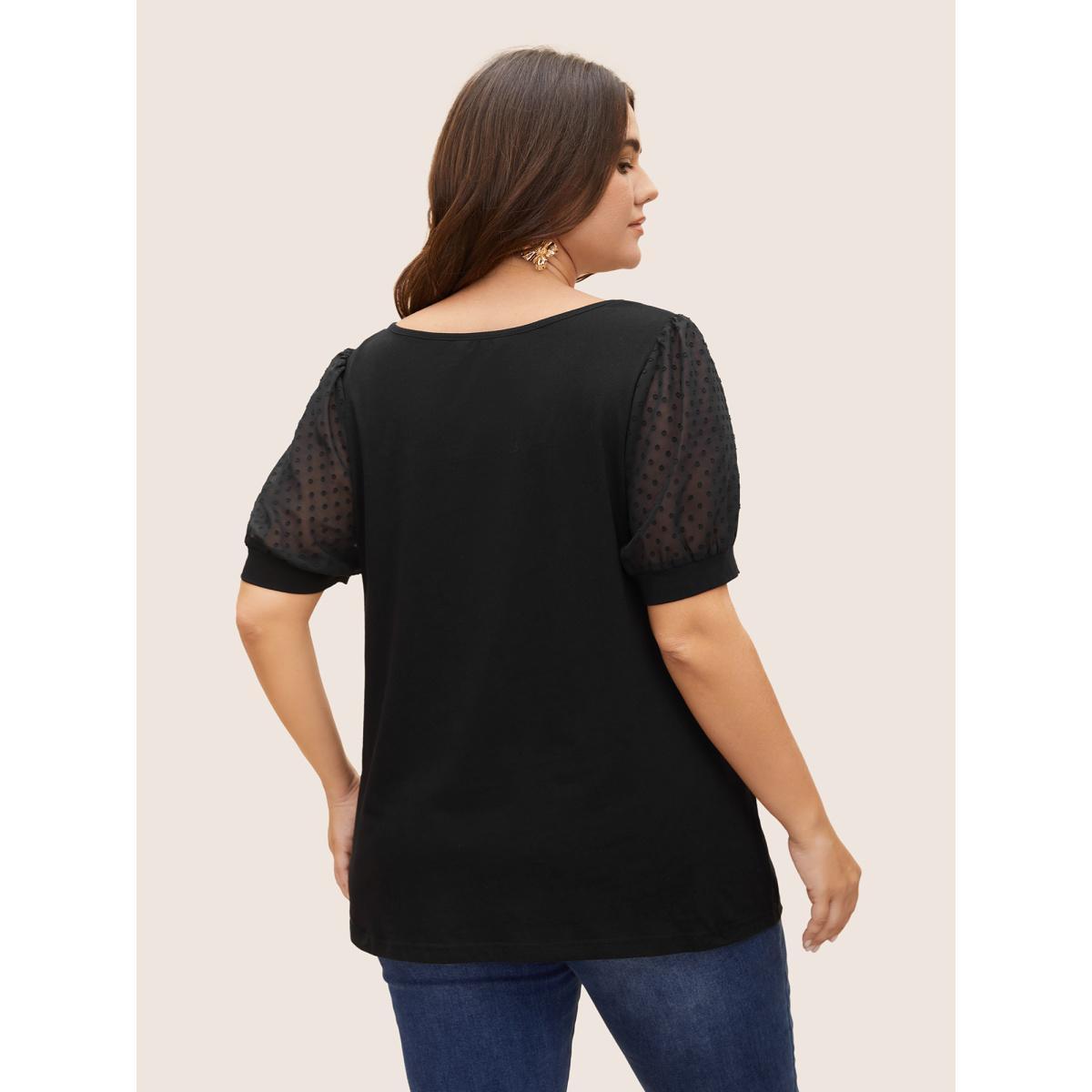 Plus Size Jacquard Decor Cotton Top Black Women Elegant See through Square Neck Everyday T-shirts BloomChic 30/6X Product Image