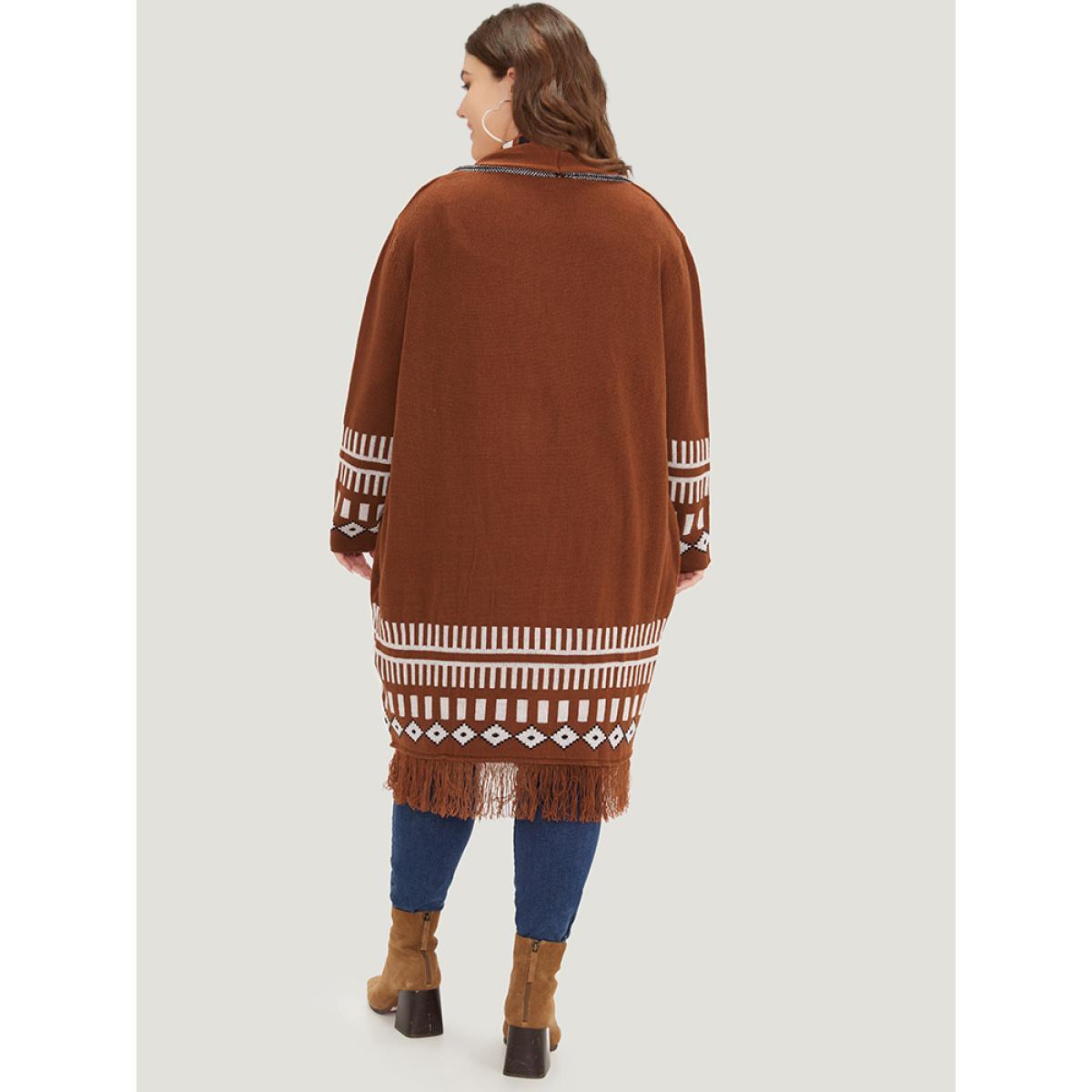 Plus Size Geometric Tassel Trim Open Front Cardigan Maroon Women Casual Loose Long Sleeve Dailywear Cardigans BloomChic 10/M Product Image