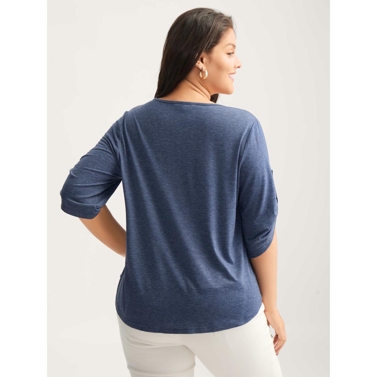 Plus Size Supersoft Tab Sleeve Placket T-Shirt Stone Women V-neck Everyday-Casual T-shirts BloomChic 22-24/3X Product Image