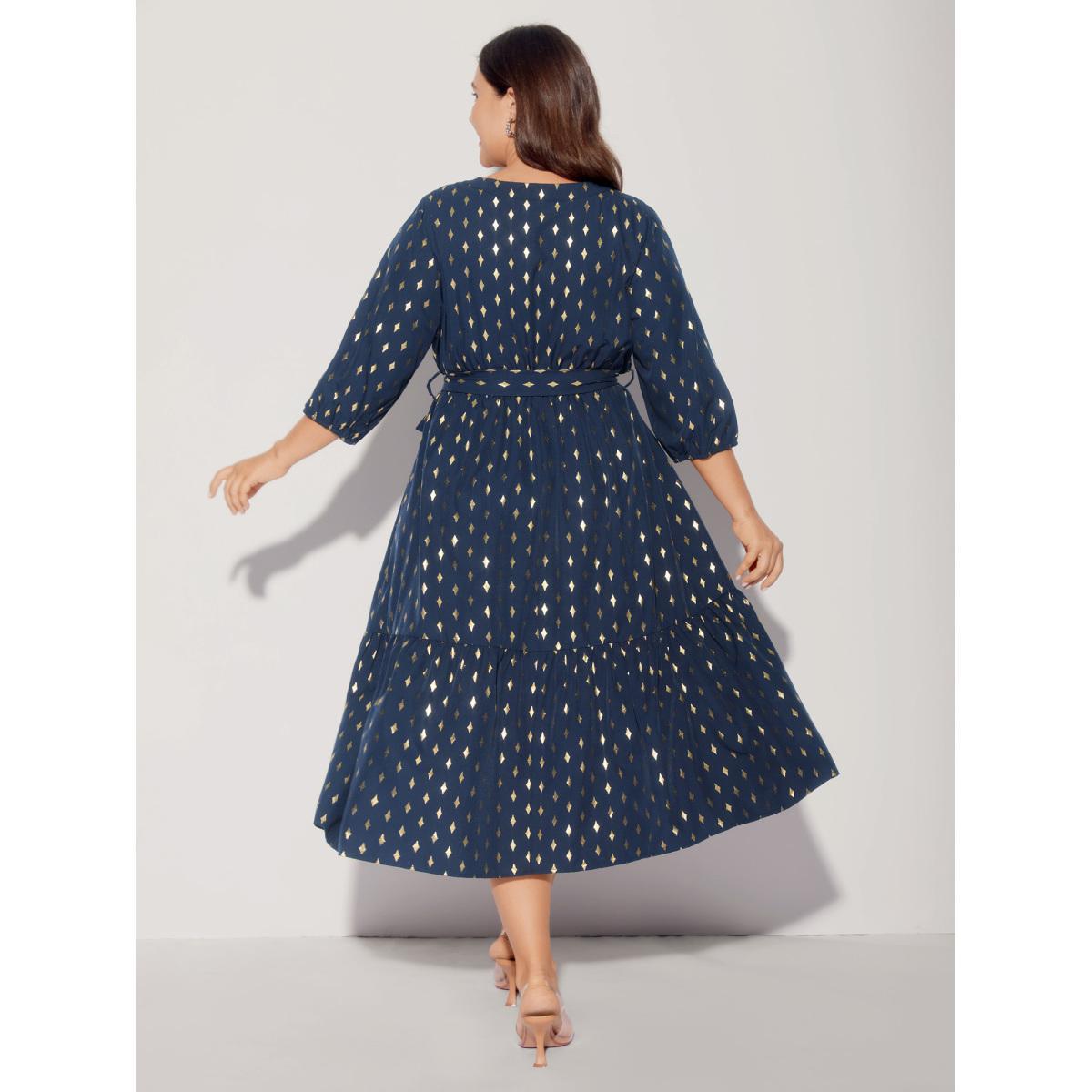 Plus Size Glitter Notched Lantern Sleeve Midi Dress Indigo Women Formal Gathered Notched collar Elbow-length sleeve Curvy BloomChic 26/4X Product Image