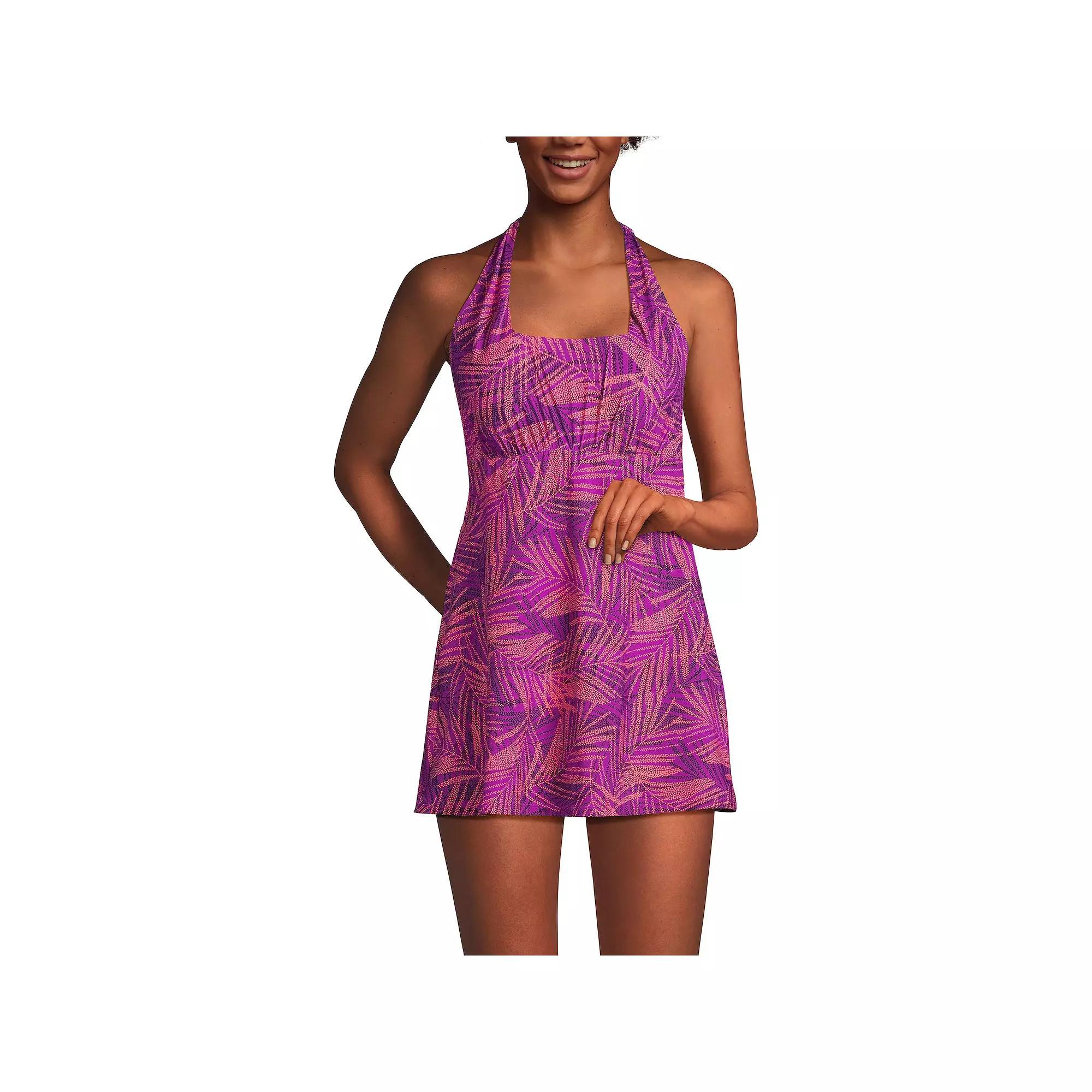 Women's Lands' End Chlorine Resistant Square Neck Halter Swim Dress, Size: XS, Purple Stipple Palm Product Image