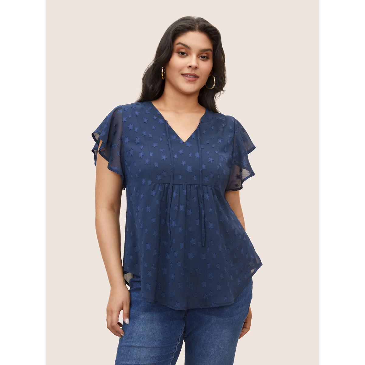 Plus Size Indigo Star Mesh Gathered Ruffle Sleeve Blouse Women Elegant Cap Sleeve V-neck Everyday Blouses BloomChic 22-24/3X Product Image