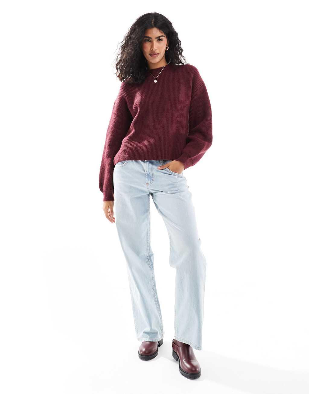 ASOS DESIGN fluffy knit boxy sweater in burgundy Product Image